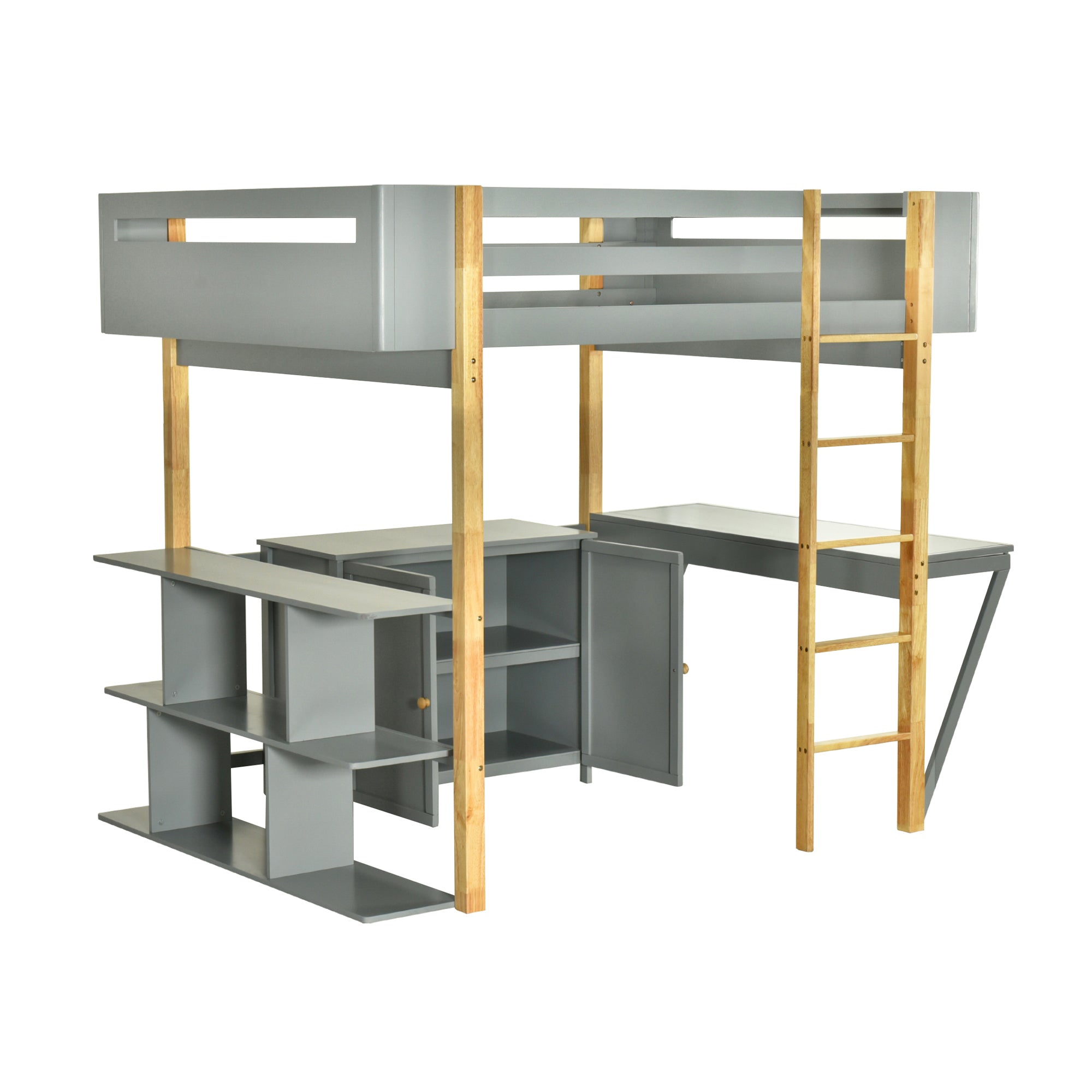 Full Size Wood Loft Bed With Built-in Storage Cabinet and Cubes, Foldable desk, Gray