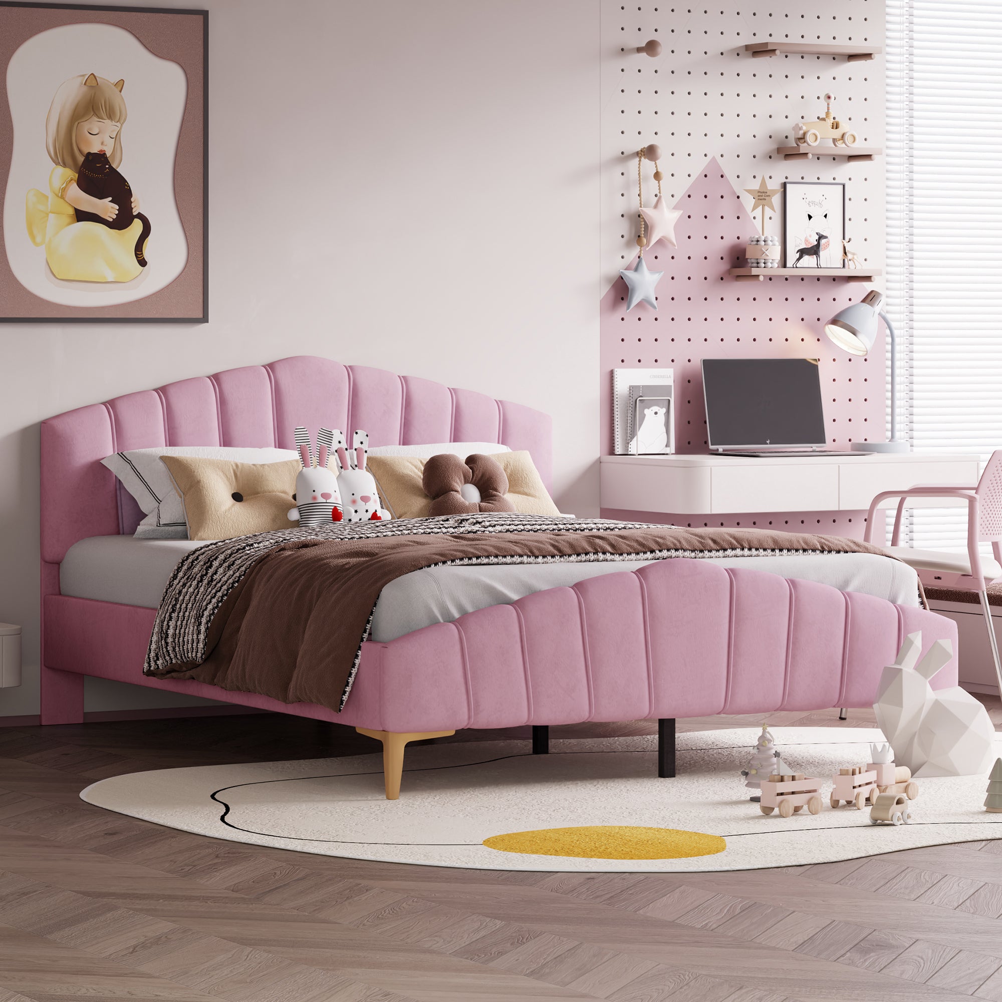 Queen Size Velvet Platform Bed with Thick Fabric, Stylish Stripe Decorated Bedboard and Elegant Metal Bed Leg, Pink - Atlantic Fine Furniture Melbourne FL