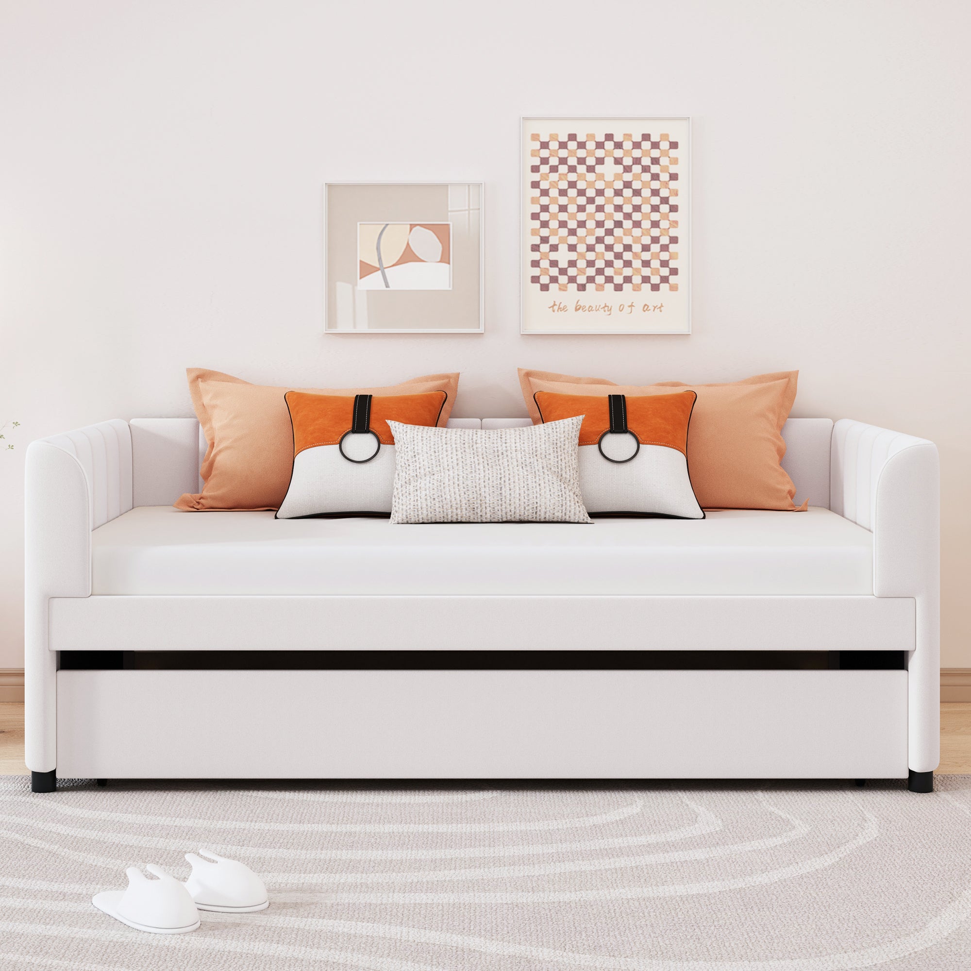 Twin Size Upholstered Daybed with Ergonomic Design Backrest and Trundle, Beige - Atlantic Fine Furniture Melbourne FL