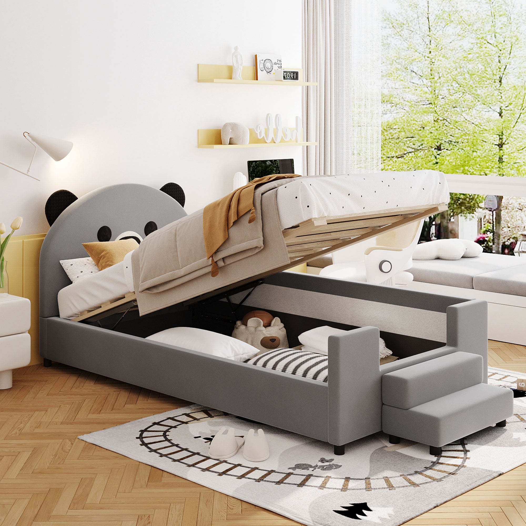 Twin Size Upholstered Daybed with Bear Shaped Headboard, Hydraulic System and Breathable Mesh Fence, Gray - Atlantic Fine Furniture Melbourne FL
