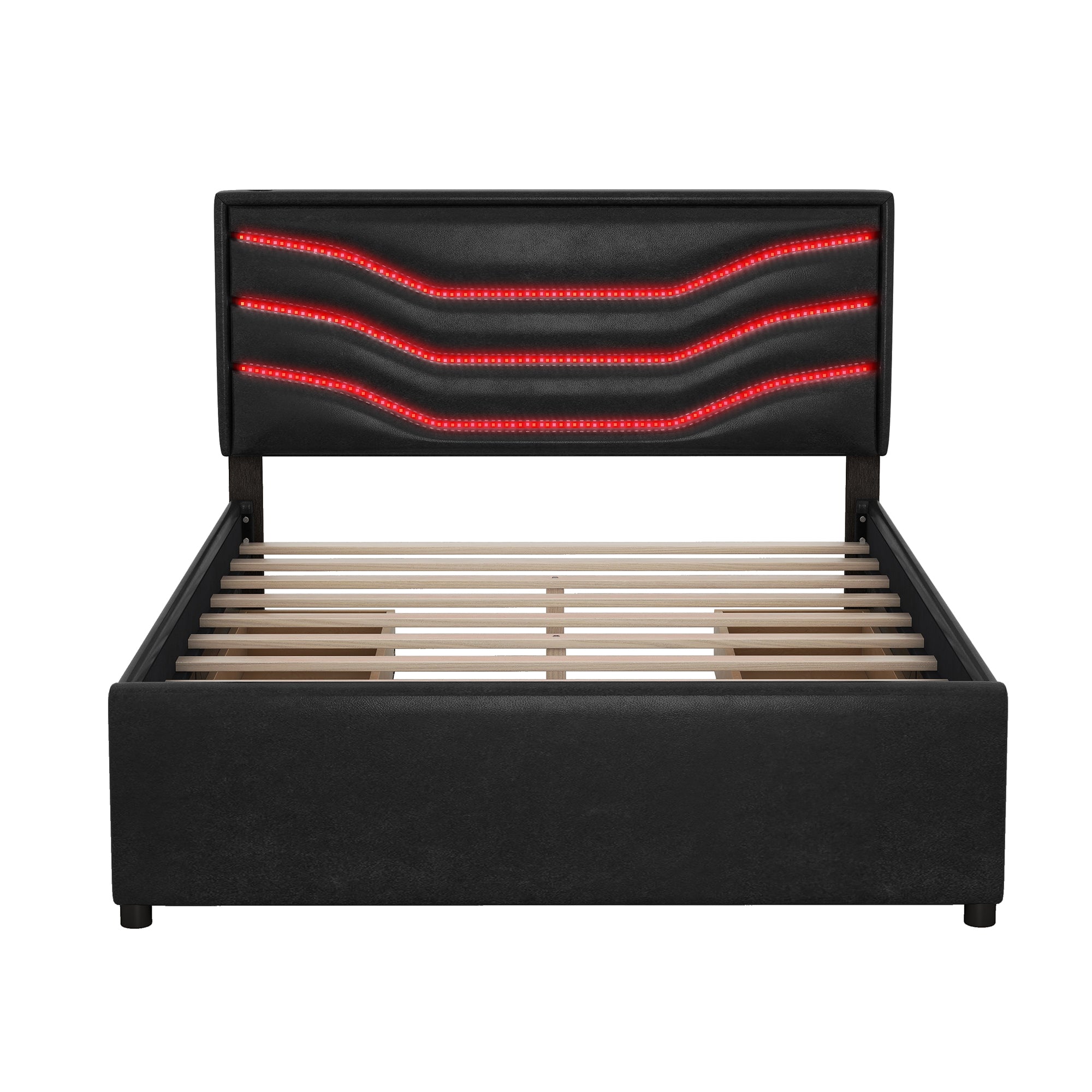 Queen Size Upholstered Storage Platform Bed with LED, 4 Drawers and USB Charging, Black - Atlantic Fine Furniture Melbourne FL