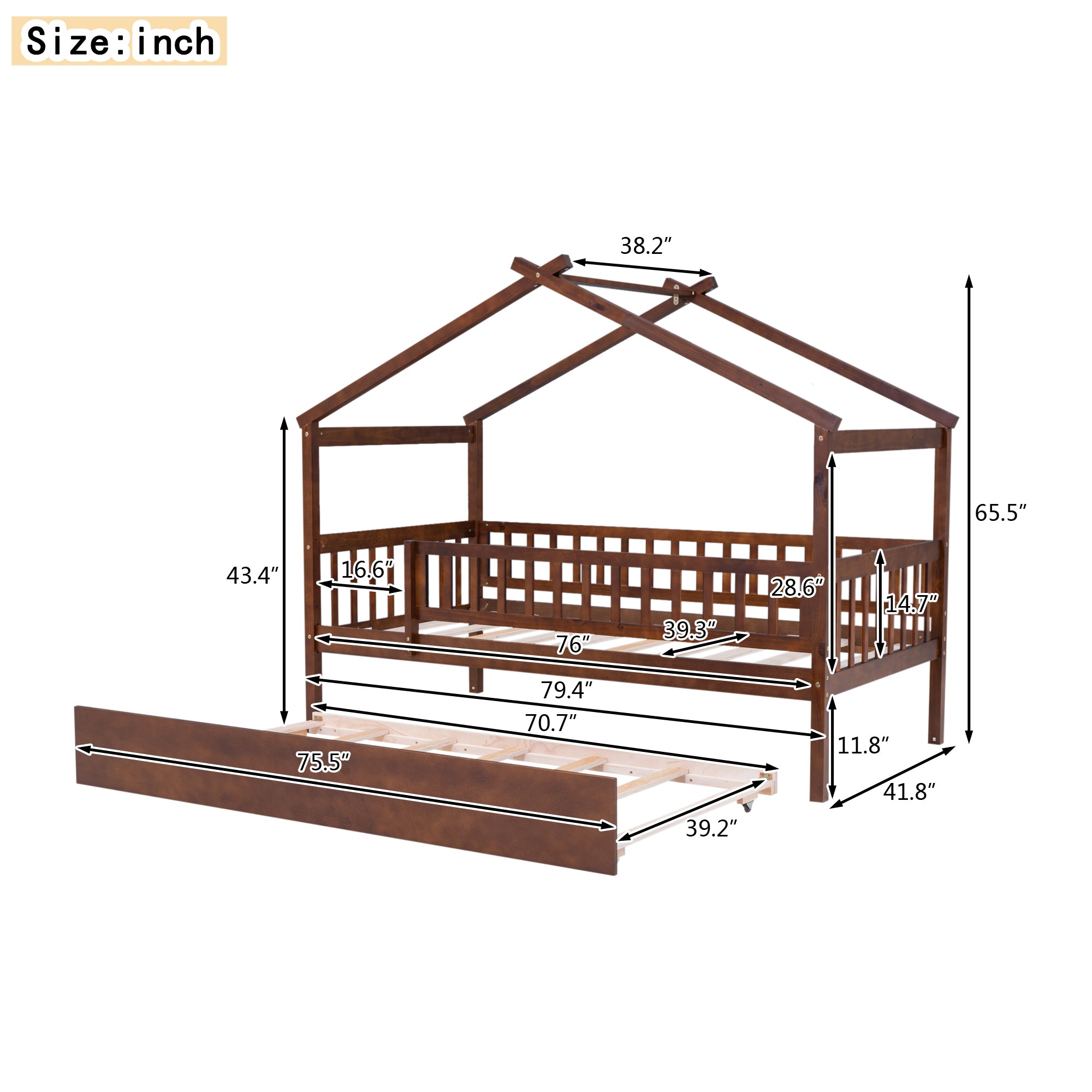 Twin Size Wooden House Bed with Twin Size Trundle, Walnut - Atlantic Fine Furniture Melbourne FL