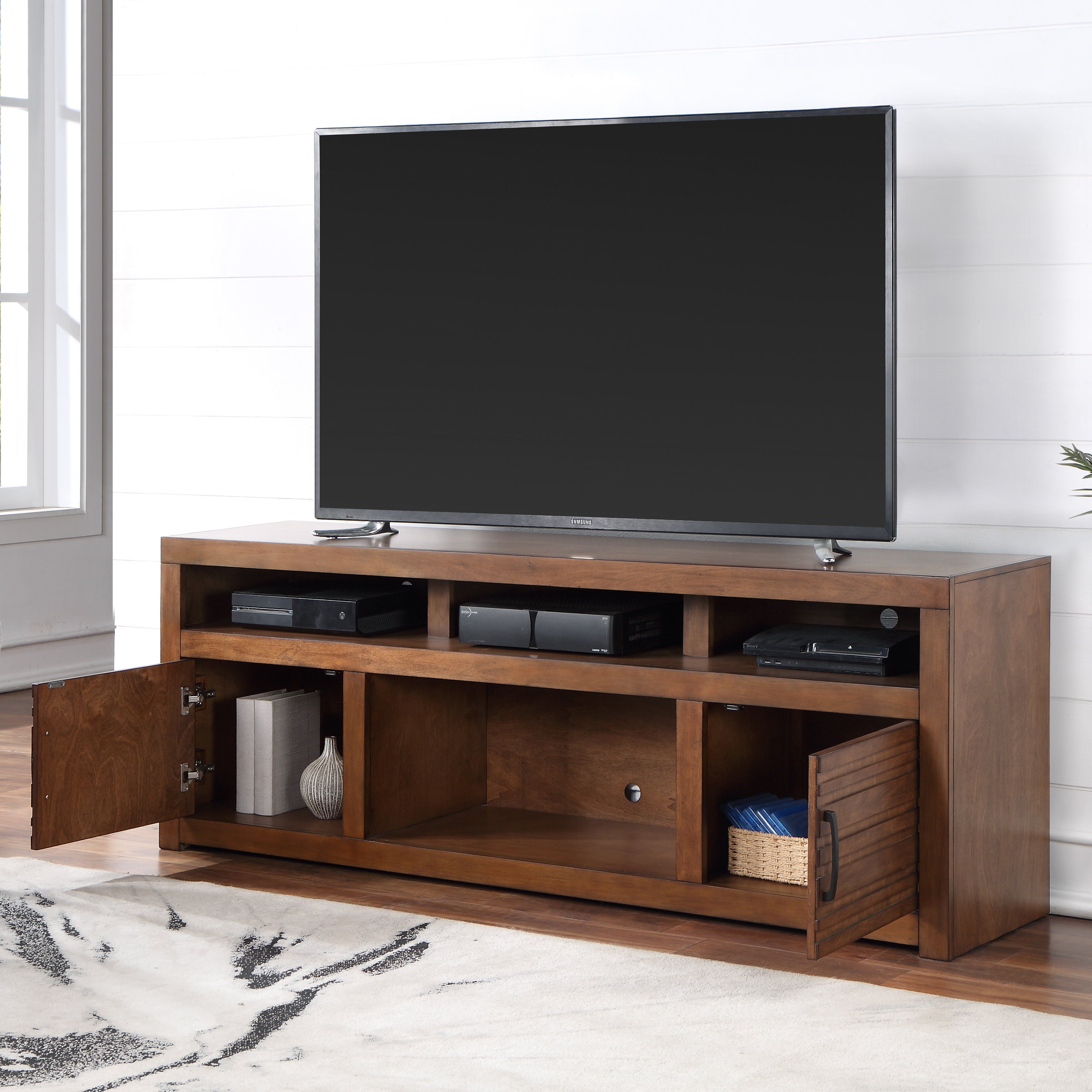 Bridgevine Home Sausalito 72 inch TV Stand Console for TVs up to 85 inches, No Assembly Required, Whiskey Finish