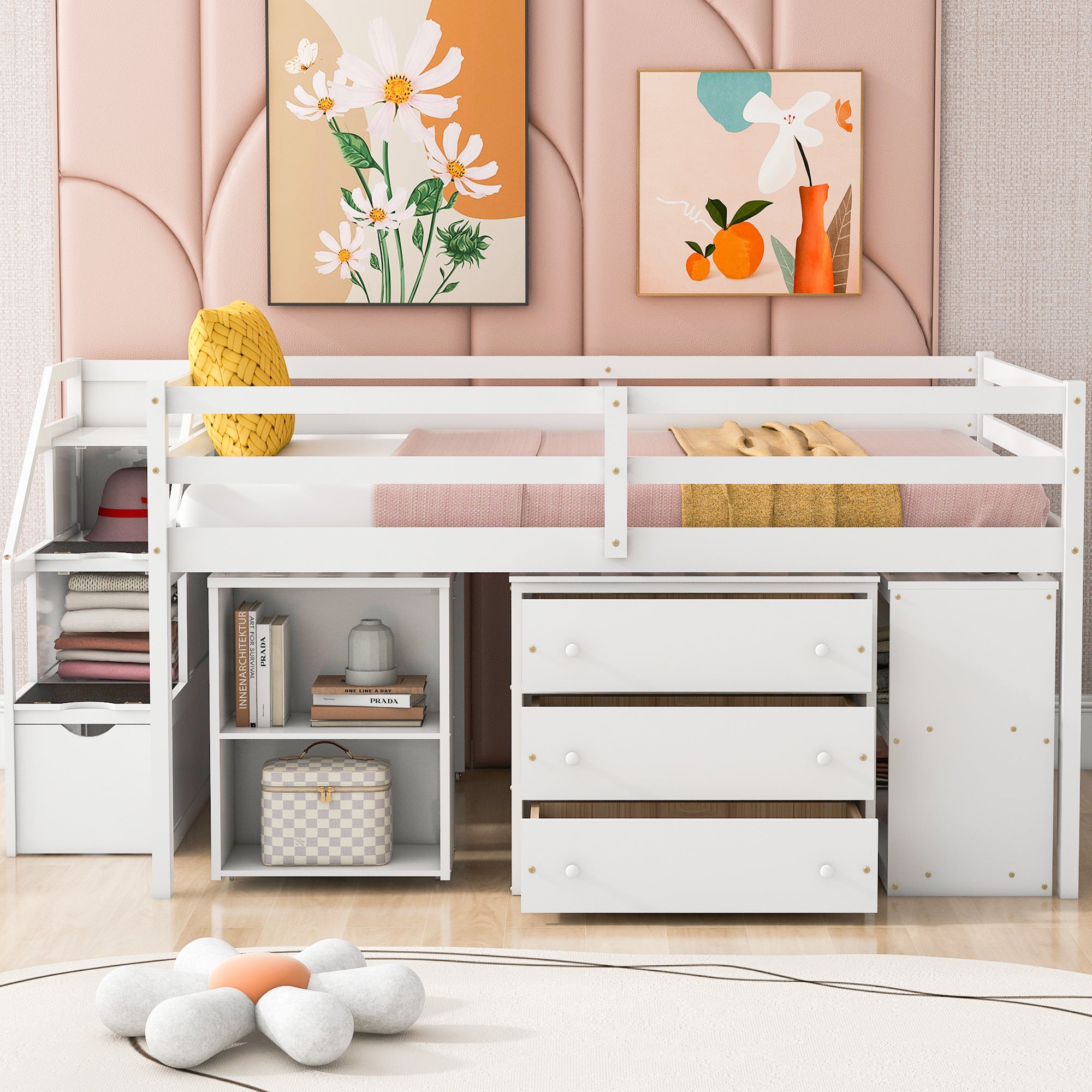 Full Size Loft Bed with Retractable Writing Desk and 3 Drawers, Wooden Loft Bed with Storage Stairs and Shelves, White - Atlantic Fine Furniture Melbourne FL