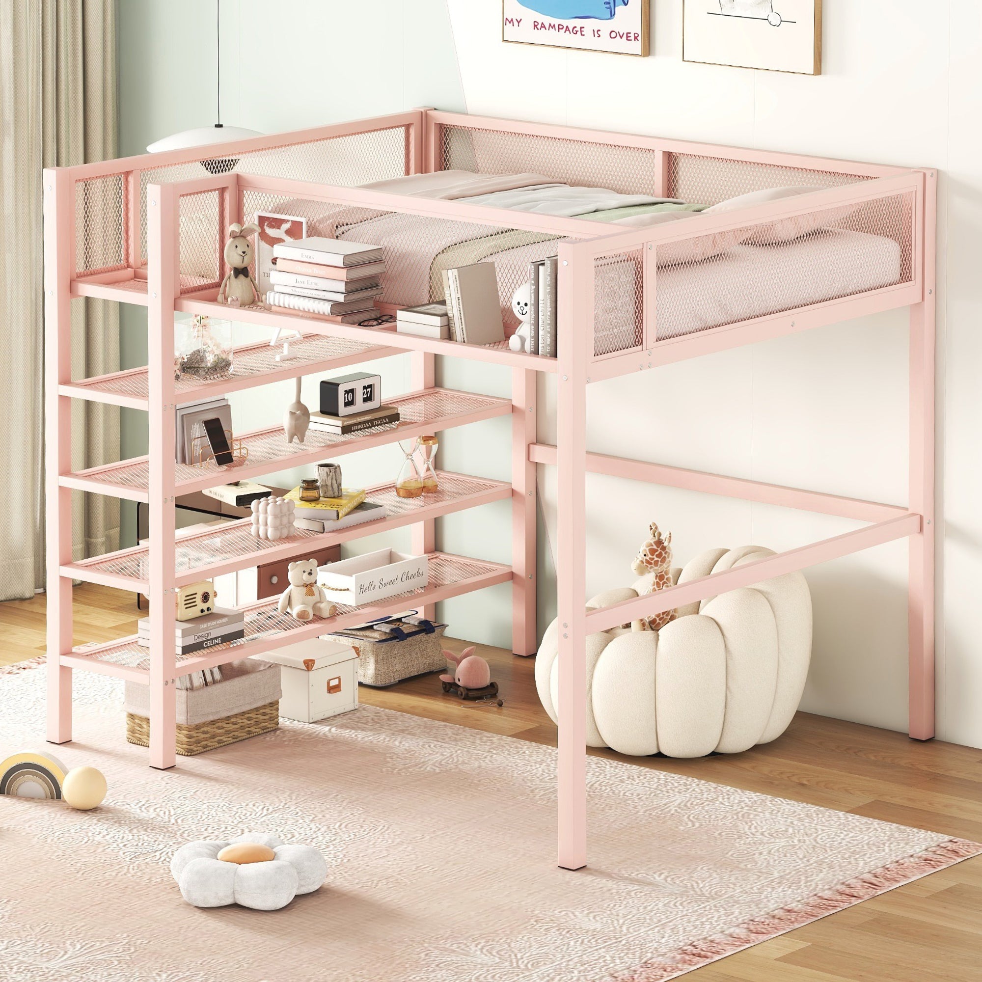 Full Size Metal Loft Bed with 4-Tier Shelves and Storage, Pink - Atlantic Fine Furniture Melbourne FL