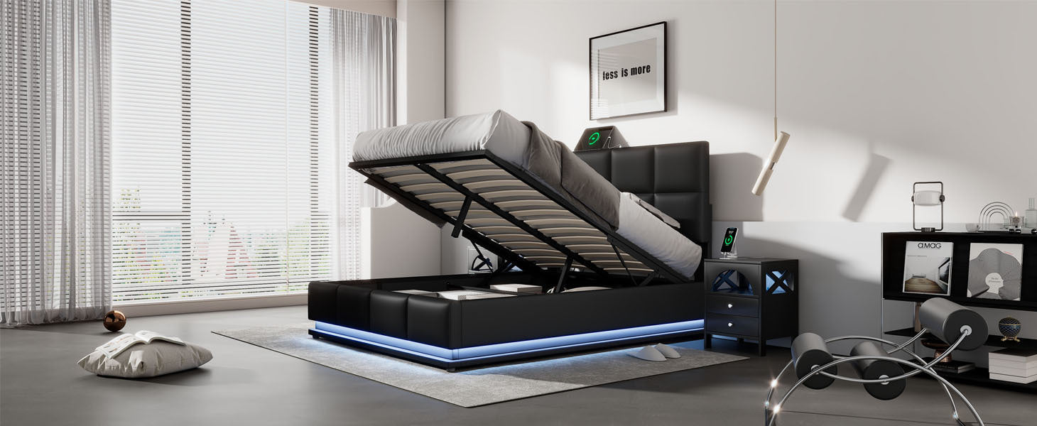 Full Size Tufted Upholstered Platform Bed with Hydraulic Storage System,PU Storage Bed with LED Lights and USB charger, Black - Atlantic Fine Furniture Melbourne FL