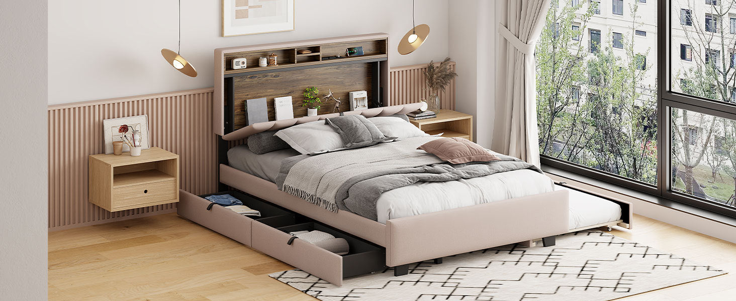 Full size Upholstered Platform Bed with Storage Headboard, Twin Size Trundle & 2 drawers and a set of Sockets & USB Ports, Linen Fabric, Beige - Atlantic Fine Furniture Melbourne FL