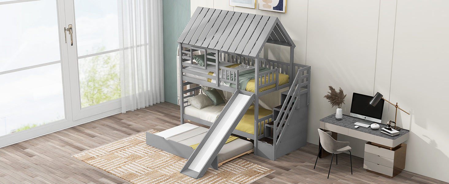 Twin over Twin House Bunk Bed with Trundle and Slide, Storage Staircase, Roof and Window Design, Gray(Old SKU: GX000931AAE) - Atlantic Fine Furniture Melbourne FL