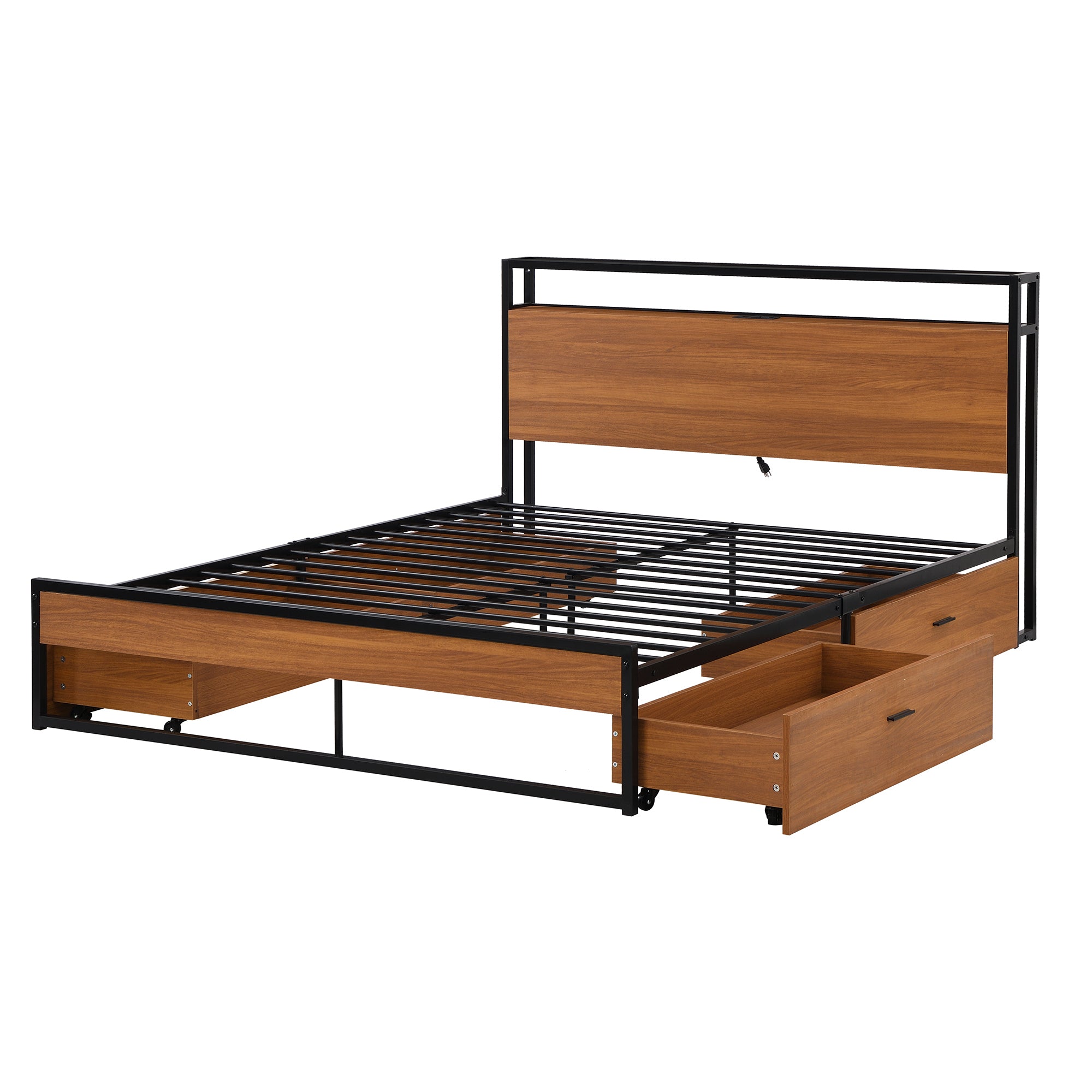 Queen Size Metal Platform Bed Frame with Four Drawers,Sockets and USB Ports ,Slat Support No Box Spring Needed Black - Atlantic Fine Furniture Melbourne FL