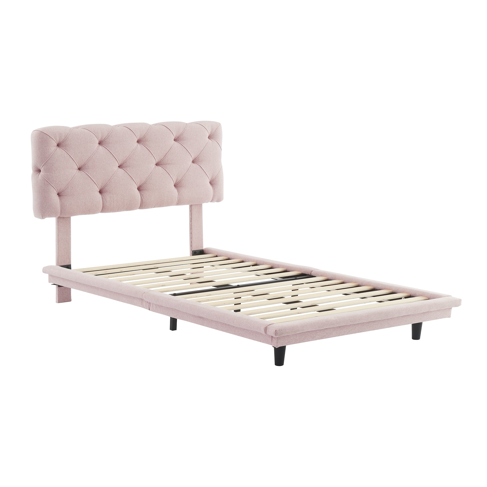 Twin Size Upholstered Bed with Light Stripe, Floating Platform Bed, Linen Fabric,Pink - Atlantic Fine Furniture Melbourne FL