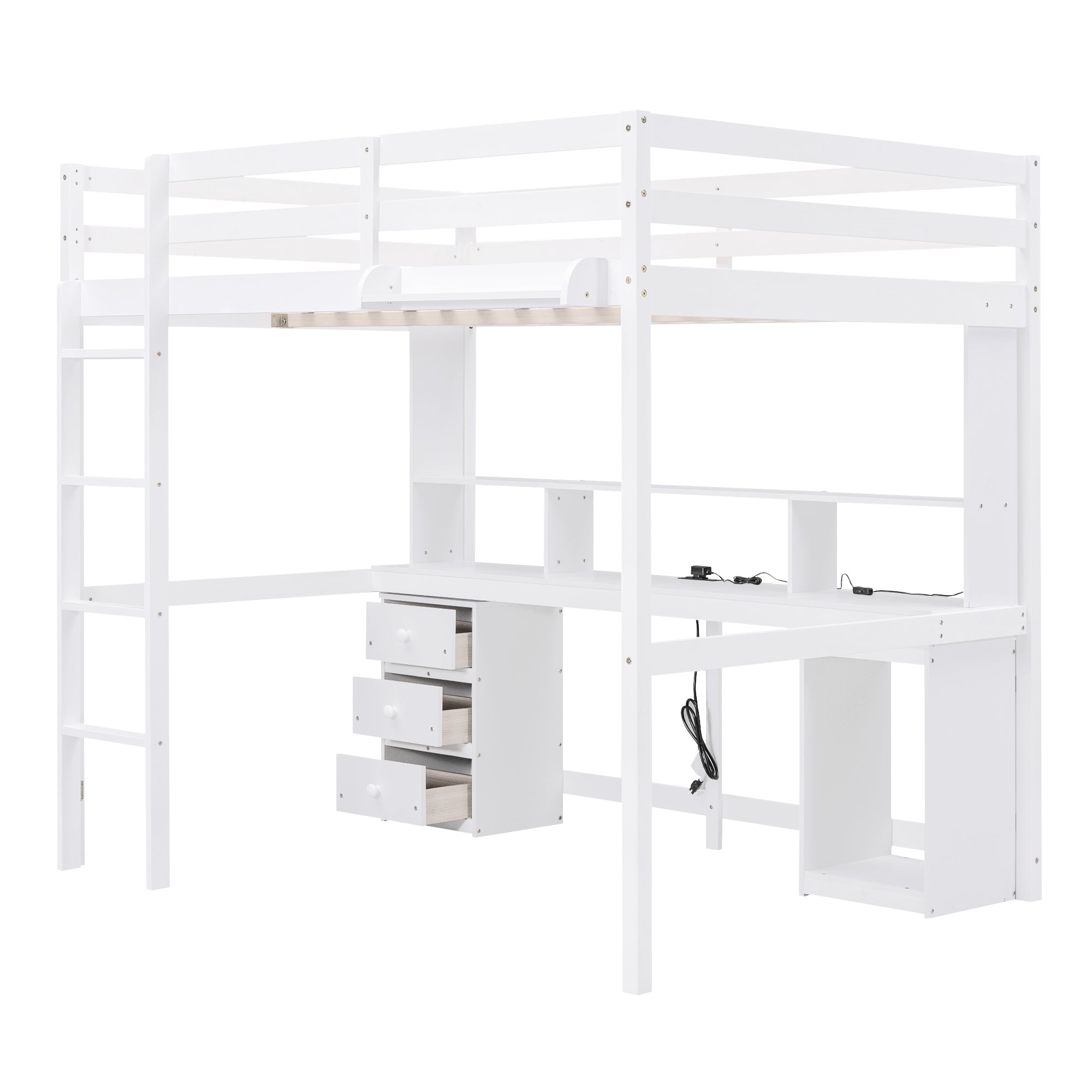 Full Size Loft Bed with Multi-storage Desk, LED light and Bedside Tray, Charging Station, White - Atlantic Fine Furniture Melbourne FL