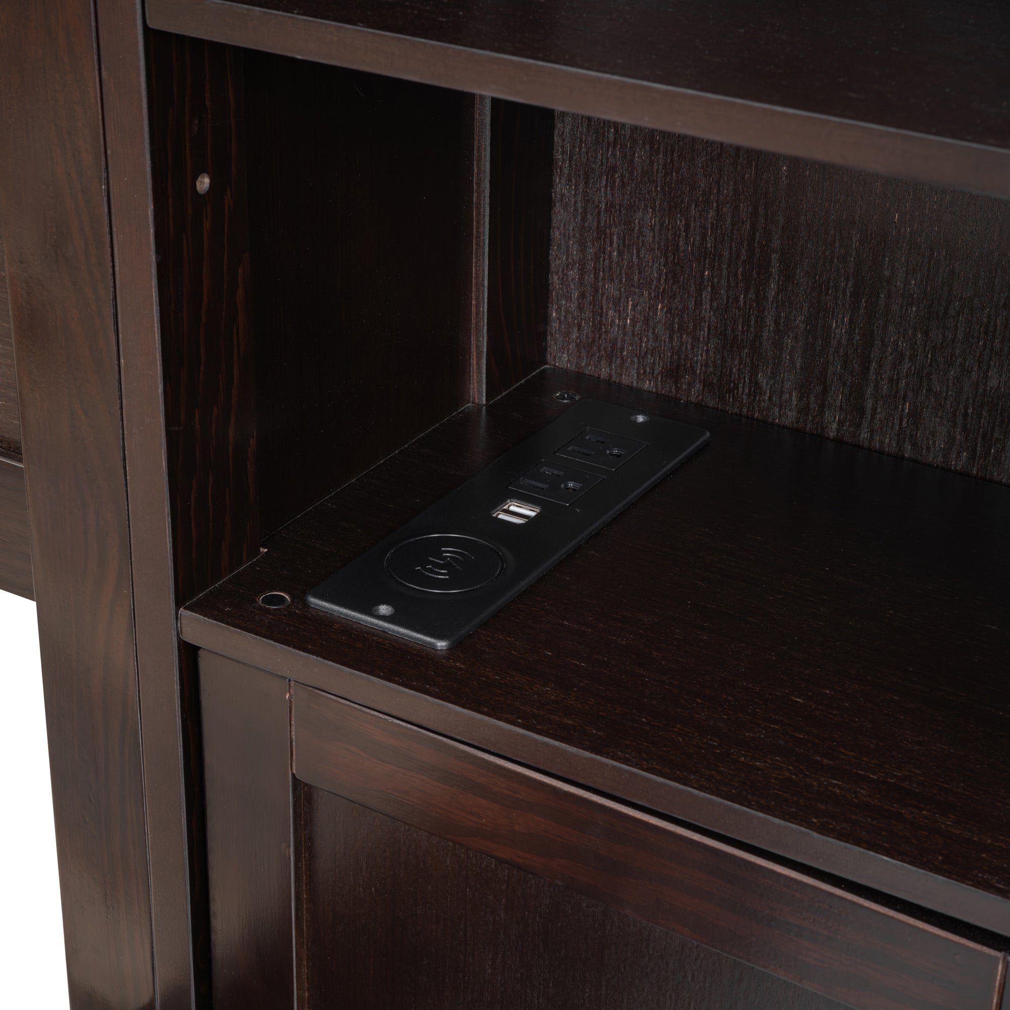 Full Size Wooden Bed With All-in-One Cabinet, Shelf and Sockets, Espresso - Atlantic Fine Furniture Melbourne FL