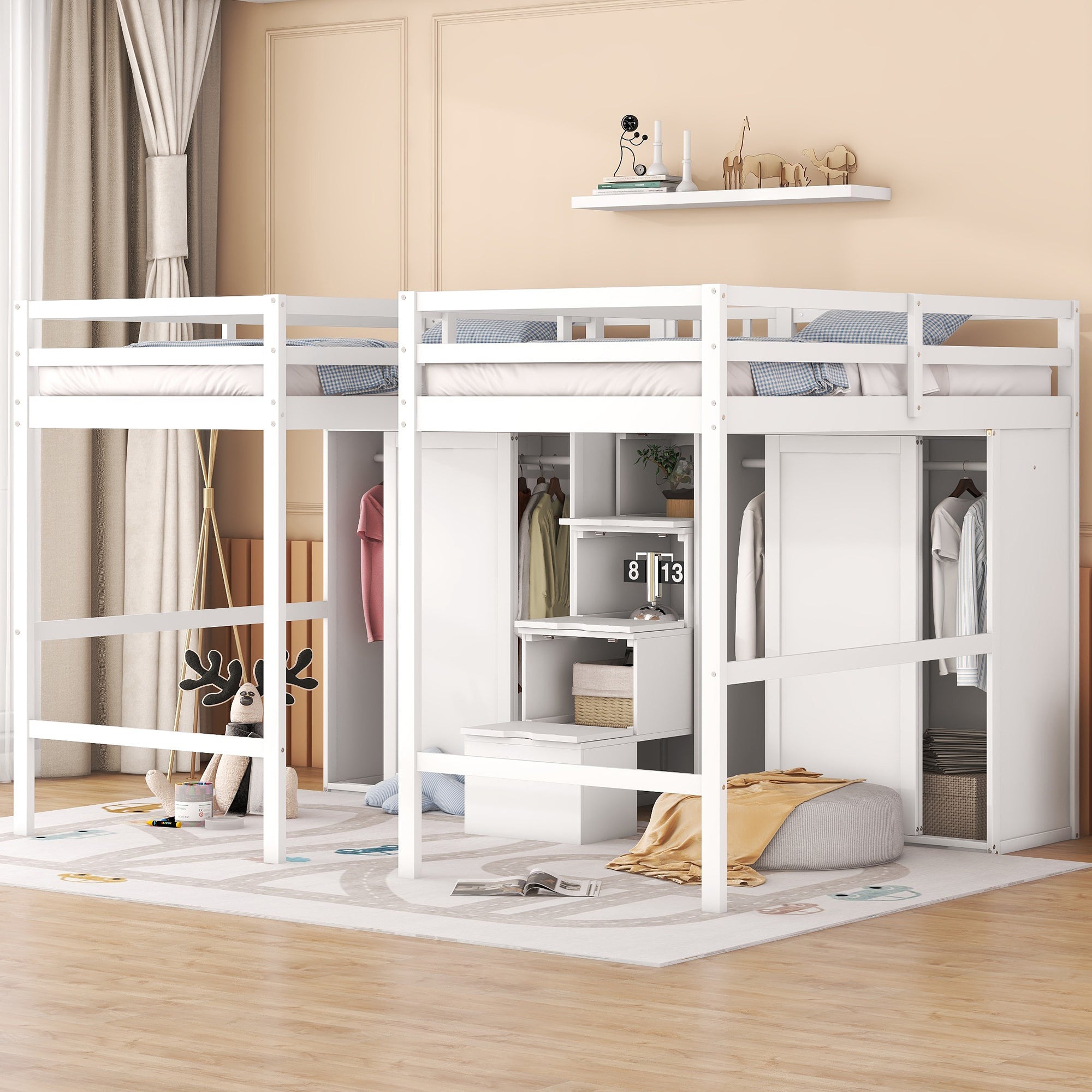 Double Twin Loft Beds with Wardrobes and Staircase, White - Atlantic Fine Furniture Melbourne FL