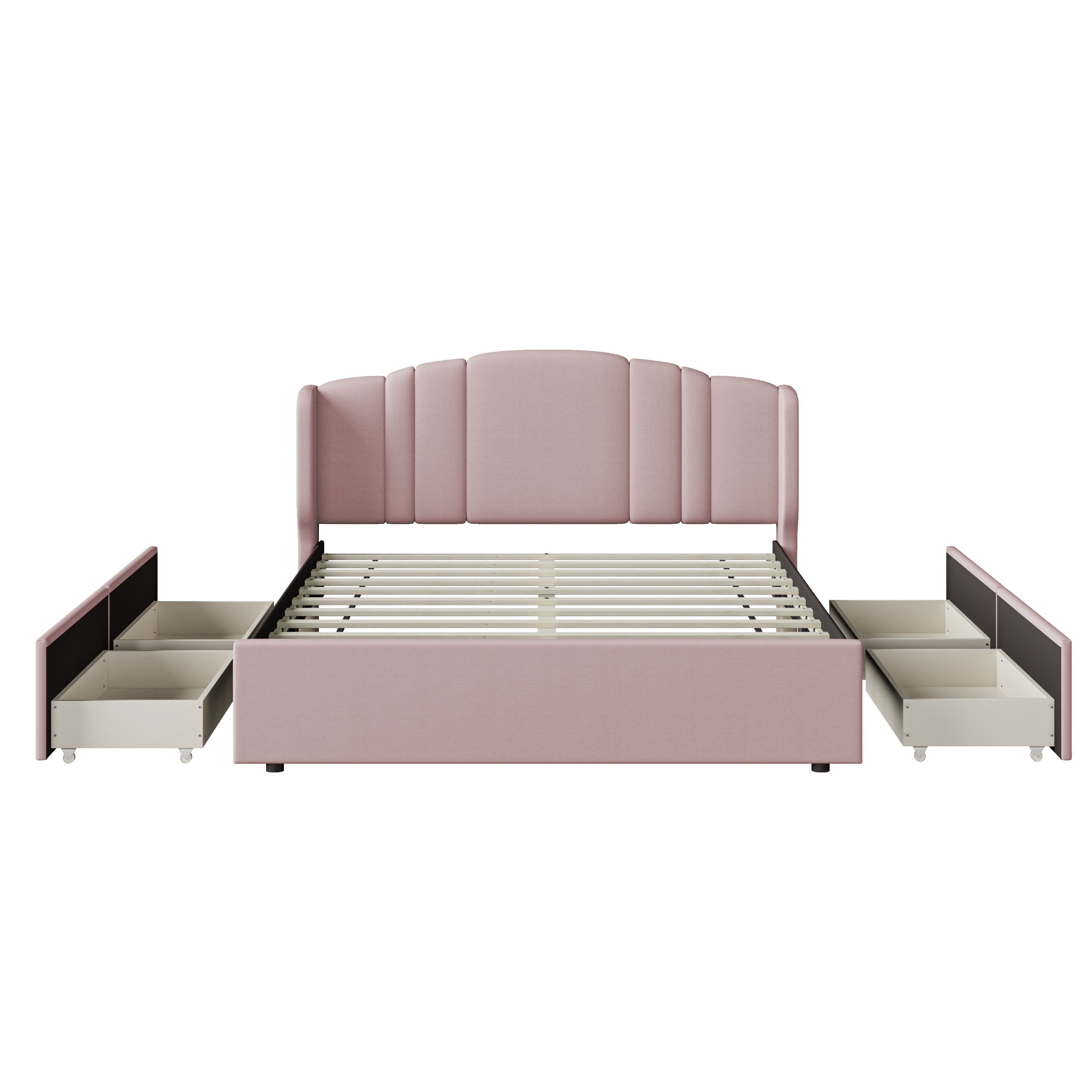 Upholstered Platform Bed with Wingback Headboard and 4 Drawers, No Box Spring Needed, Linen Fabric, Queen Size Pink - Atlantic Fine Furniture Melbourne FL