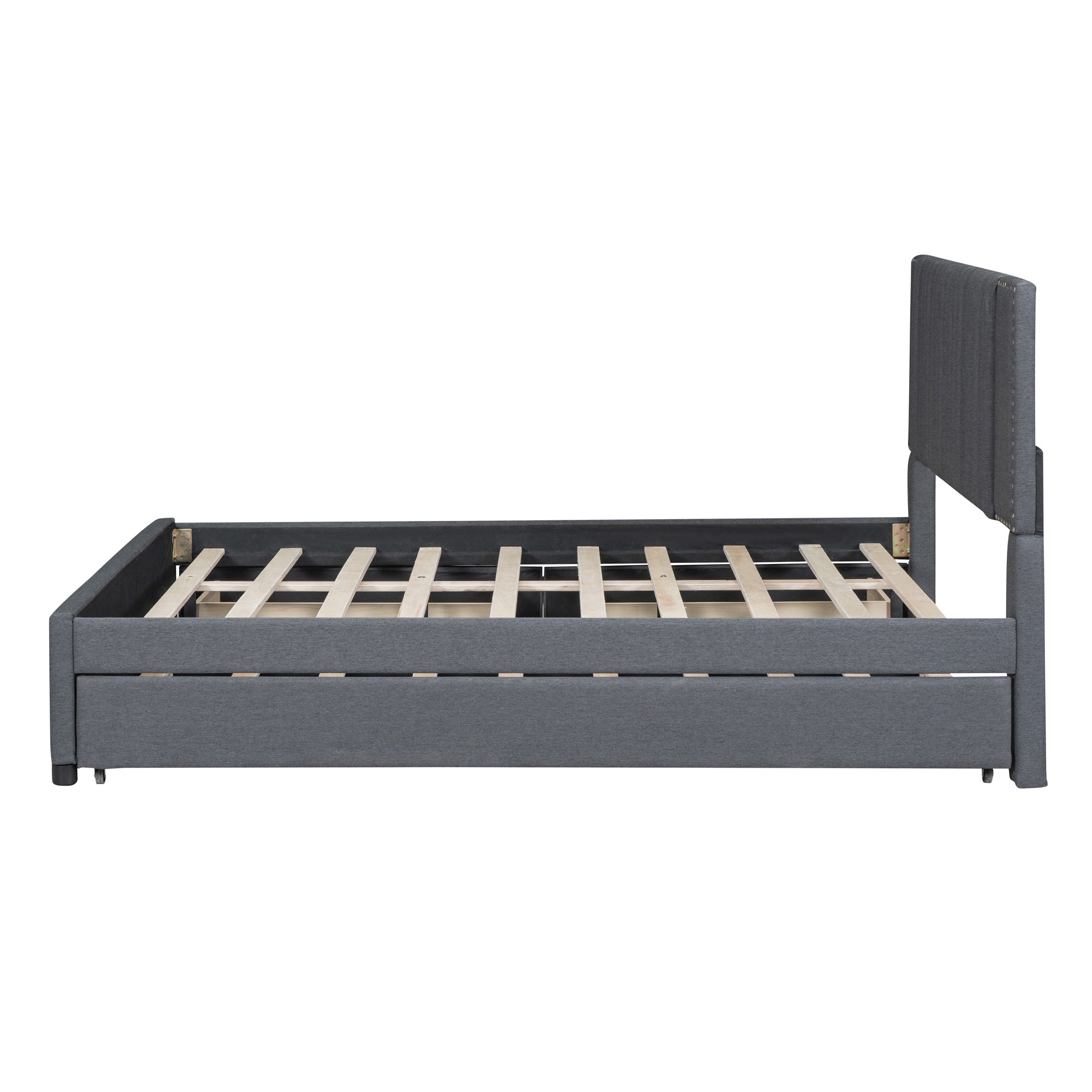 Queen Size Upholstered Platform Bed with 2 Drawers and 1 Twin XL Trundle, Classic Headboard Design, Gray - Atlantic Fine Furniture Melbourne FL