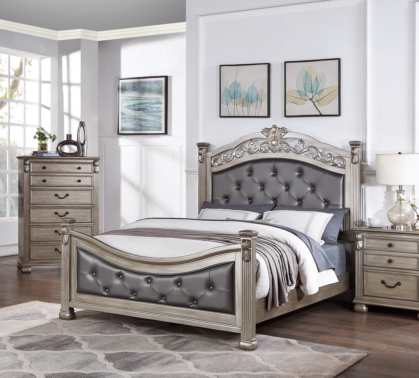 Formal Traditional Antique Silver 1pc Queen Size Bed Tufted Faux Leather Headboard Footboard Bedframe