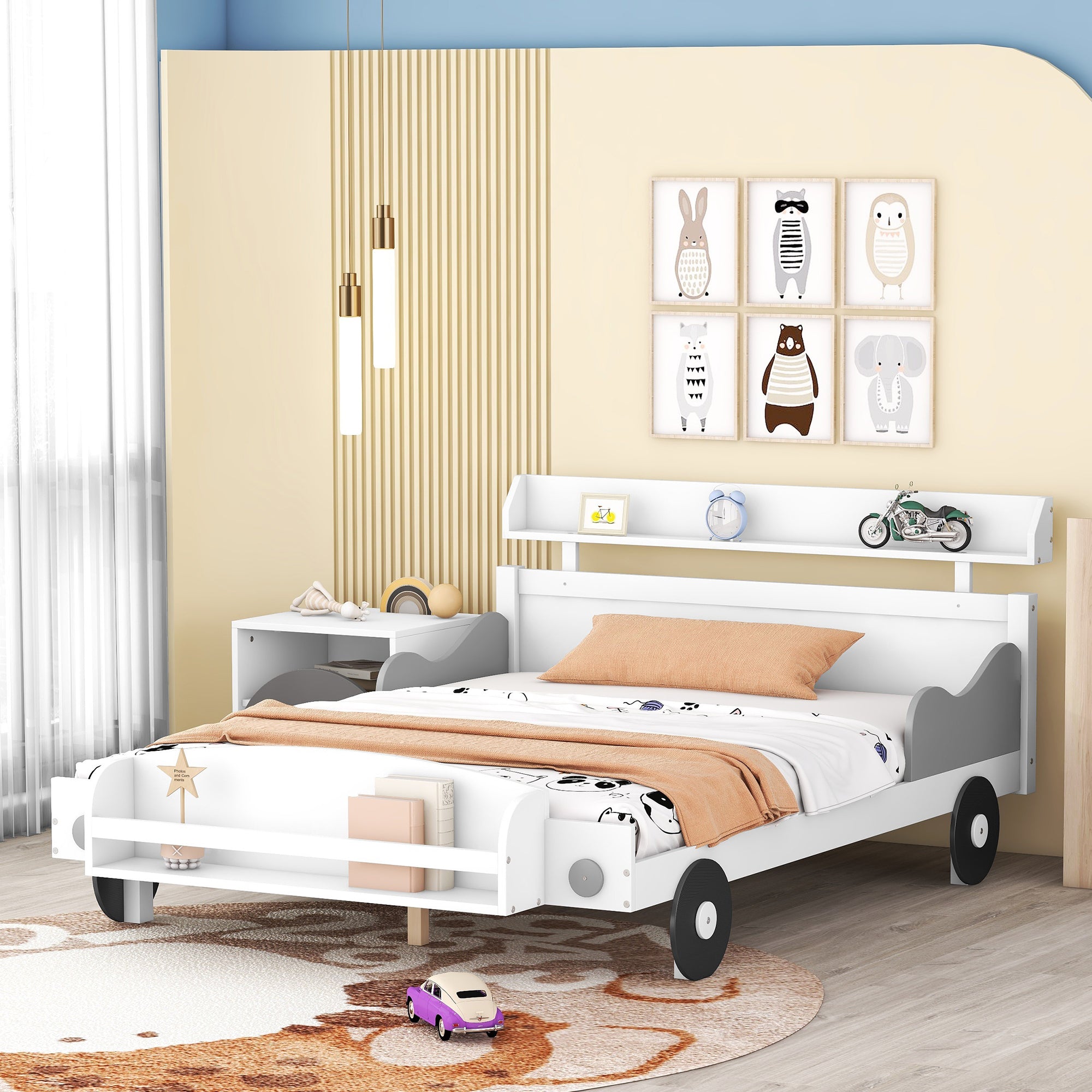 Full Size Car-Shaped Platform Bed,Full Bed with Storage Shelf for Bedroom,White - Atlantic Fine Furniture Melbourne FL