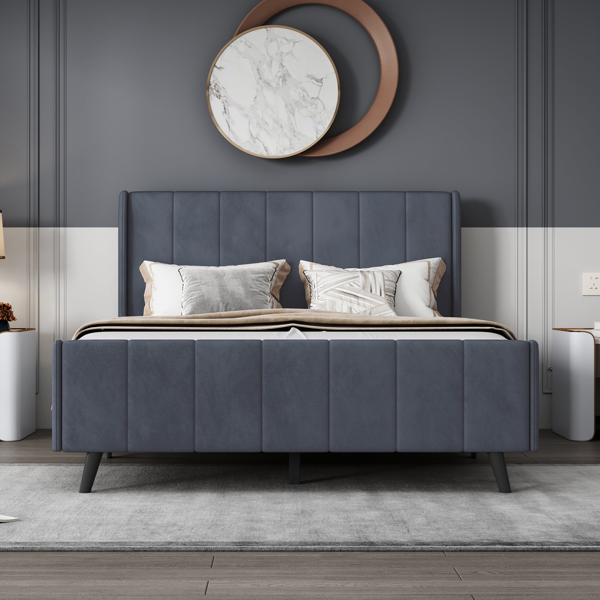 Full Size Upholstered Platform Bed, Velvet, Gray - Atlantic Fine Furniture Melbourne FL