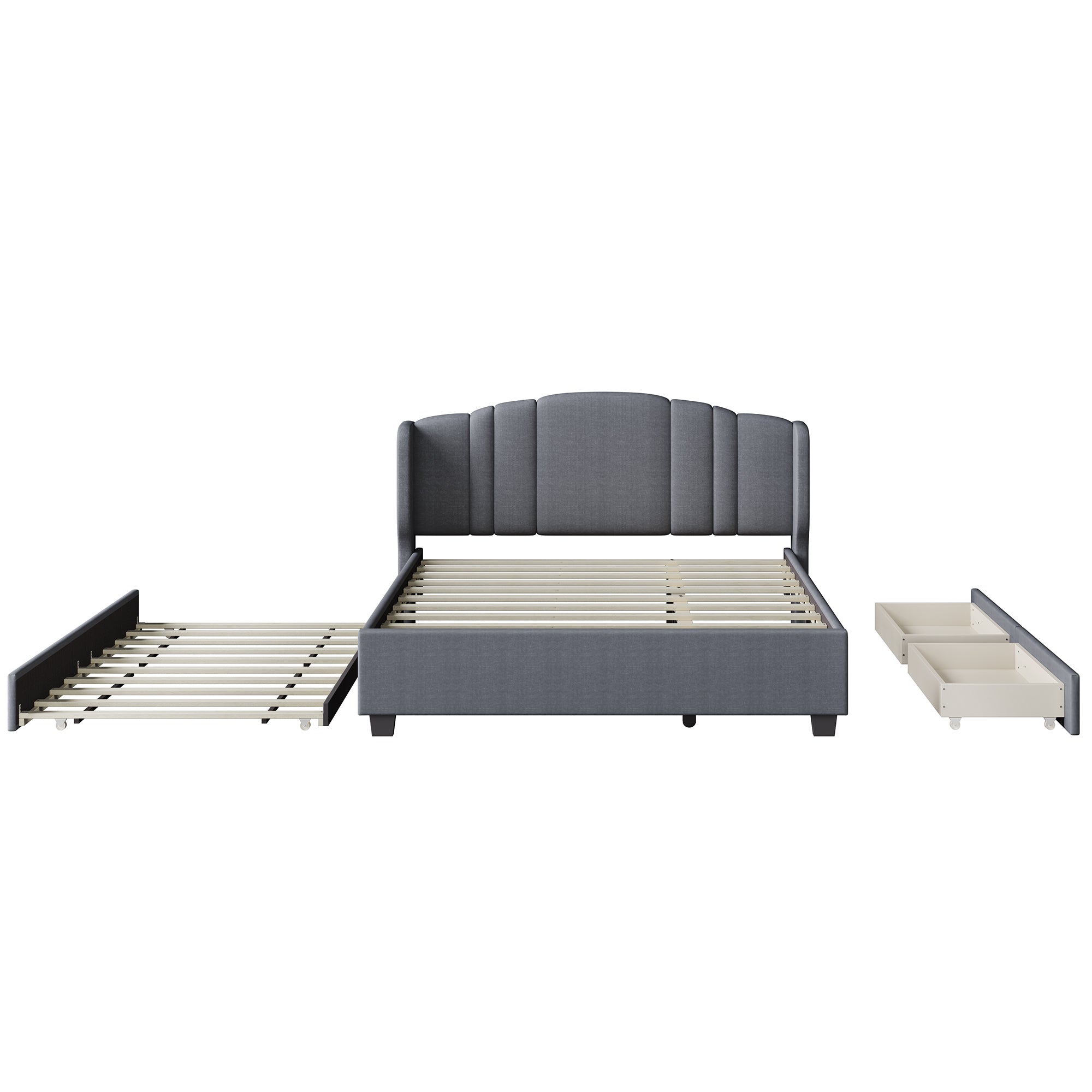 Upholstered Platform Bed with Wingback Headboard, One Twin Trundle and 2 Drawers, No Box Spring Needed, Linen Fabric, Queen Size Gray - Atlantic Fine Furniture Melbourne FL