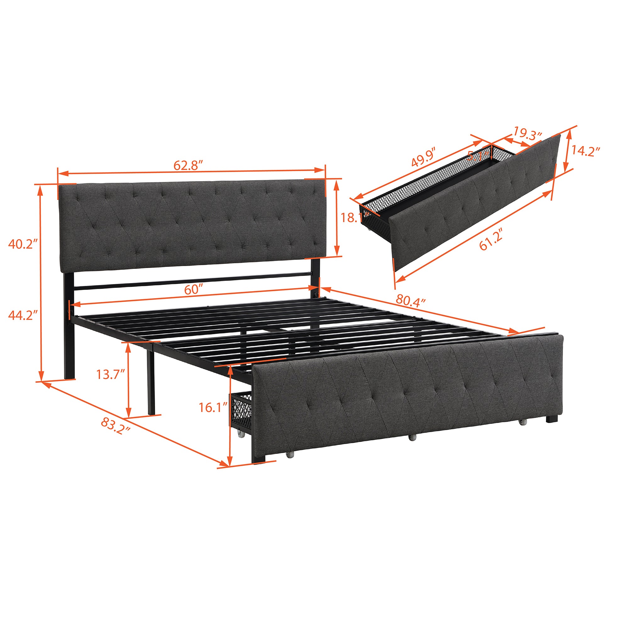 Queen Size Storage Bed Metal Platform Bed with a Big Drawer - Gray - Atlantic Fine Furniture Melbourne FL
