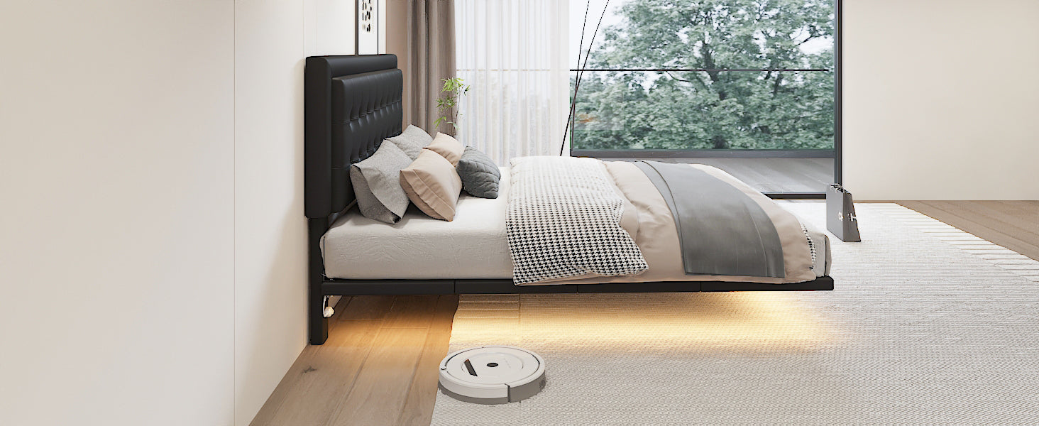 Queen Size Floating Bed Frame with Motion Activated Night Lights,Modern PU Upholstered Button Tufted Platform Bed Frame,Black - Atlantic Fine Furniture Melbourne FL