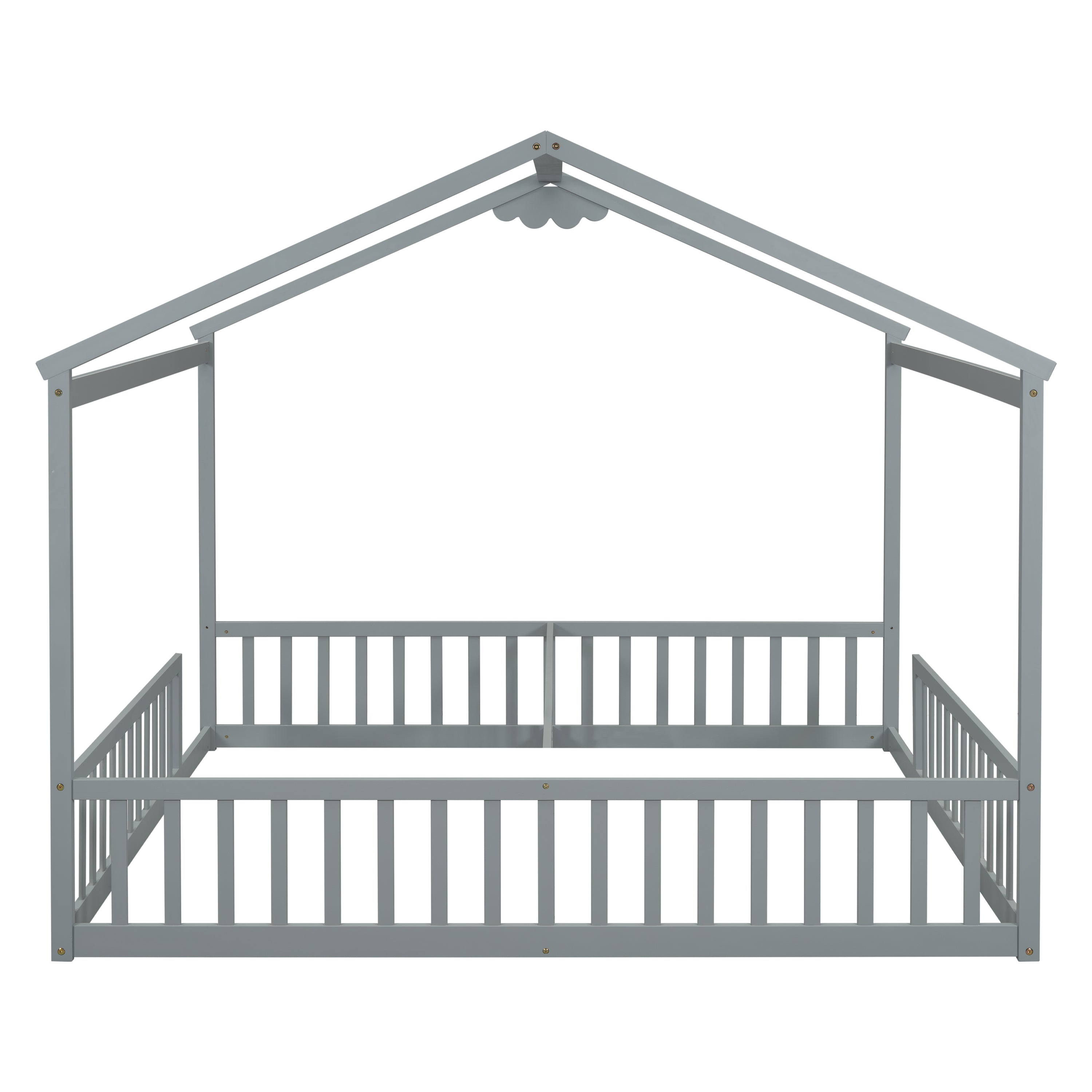 Double Twin House-Style Floor Bed with Fence, Guardrails, without door, Grey