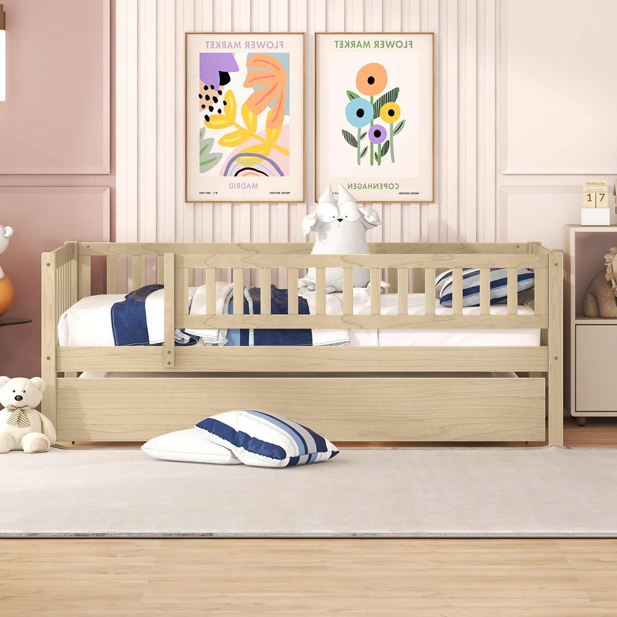 Twin Size Wood Daybed with Trundle and Fence Guardrails, Natural - Atlantic Fine Furniture Melbourne FL