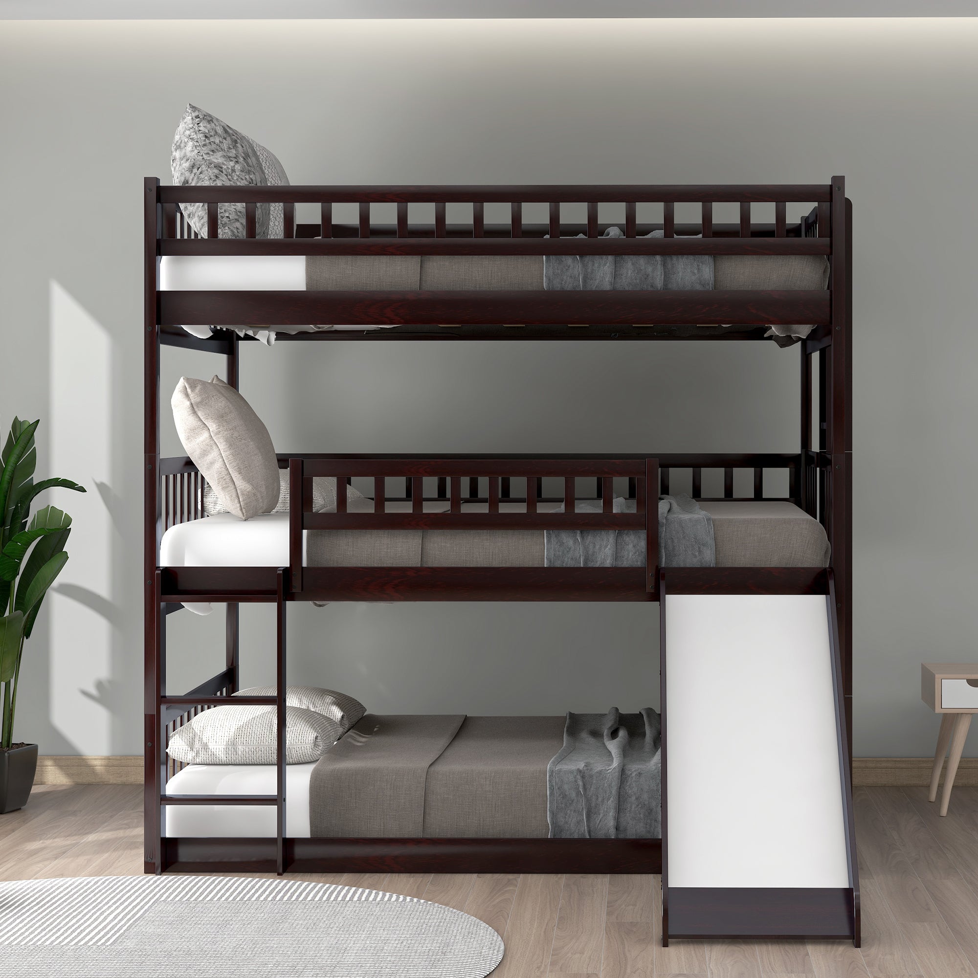 Full-Over-Full-Over-Full Triple Bed with Built-in Ladder and Slide , Triple Bunk Bed with Guardrails, Espresso(OLD SKU :LP000052AAP) - Atlantic Fine Furniture Melbourne FL