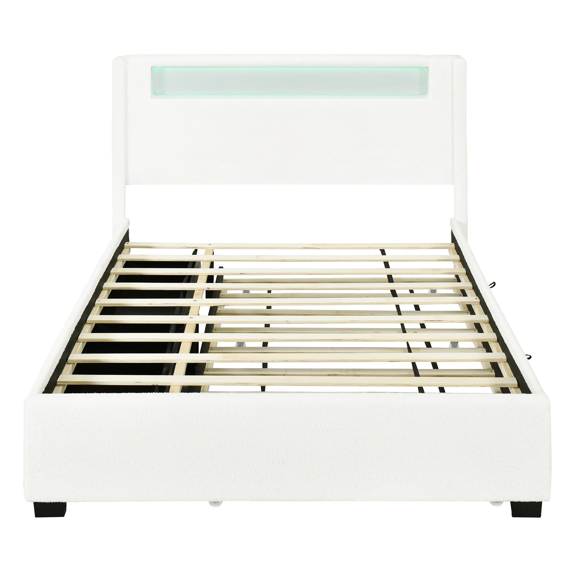 Full Size Upholstered Platform Bed with LED Frame, with Twin Size Trundle and 2 drawers, Teddy Fleece, White - Atlantic Fine Furniture Melbourne FL