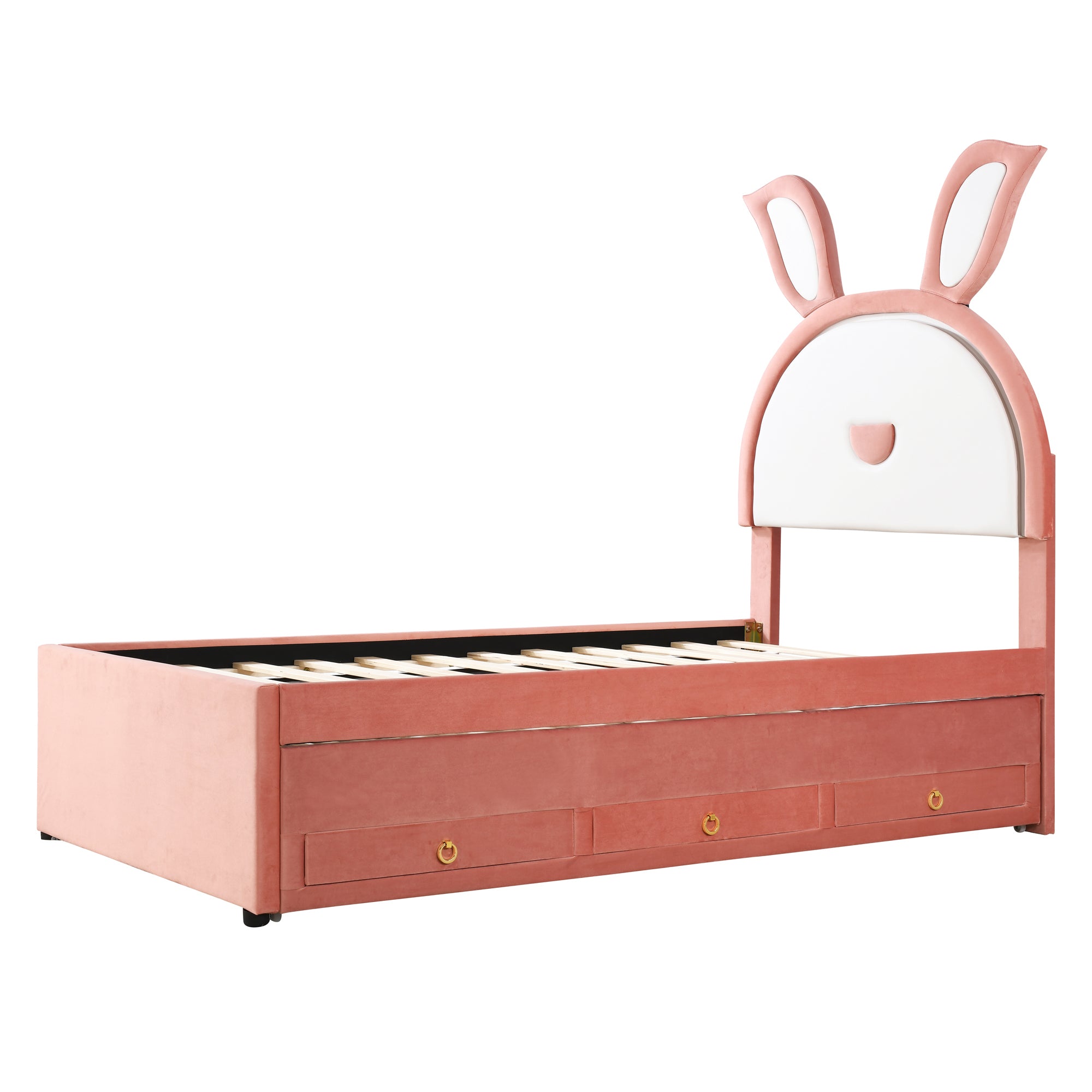 Twin Size Upholstered Platform Bed with Trundle and 3 Drawers, Rabbit-Shaped Headboard with Embedded LED Lights, Pink - Atlantic Fine Furniture Melbourne FL