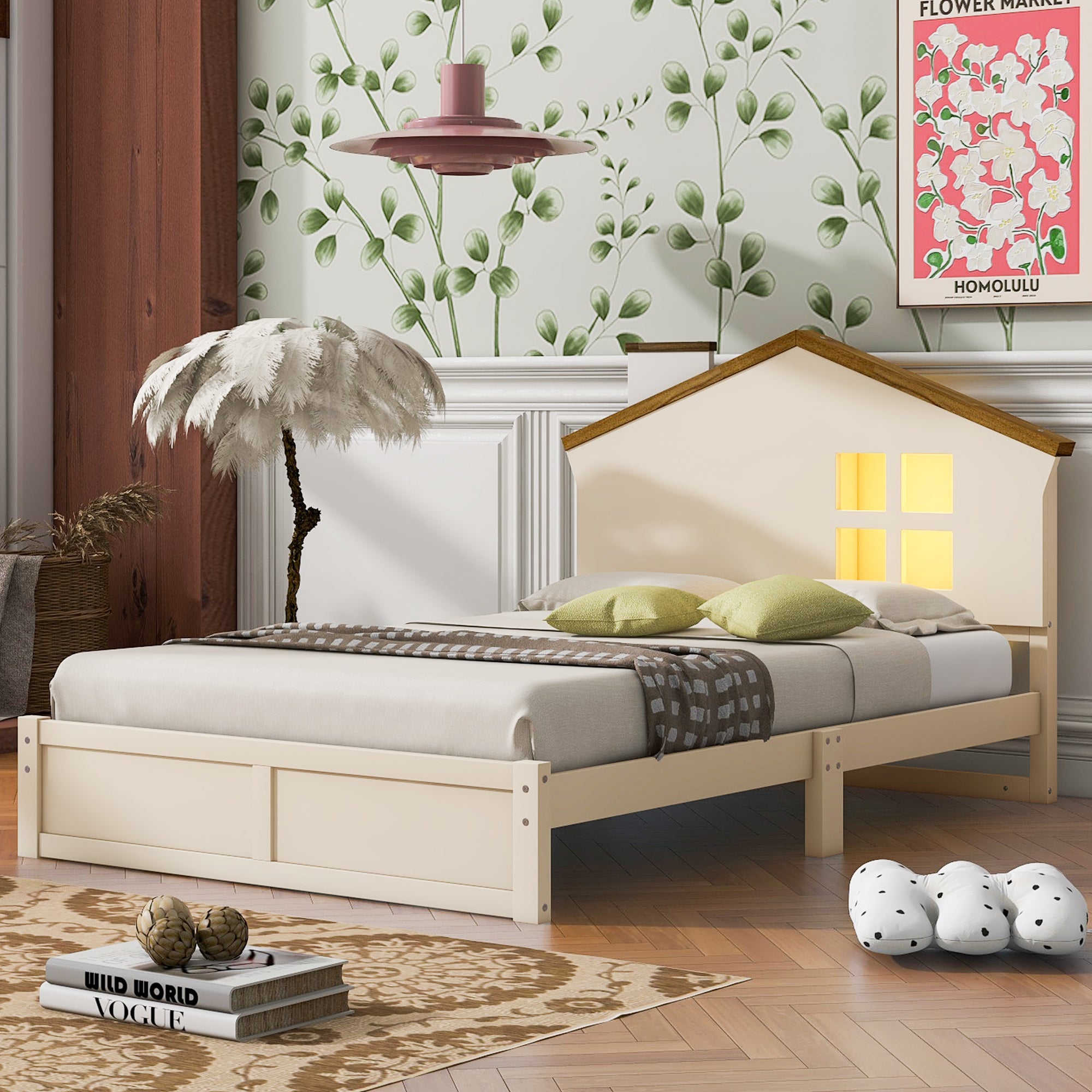 Twin Size Wood Platform Bed with House-shaped Headboard and Built-in LED, Walnut+Milk White - Atlantic Fine Furniture Melbourne FL
