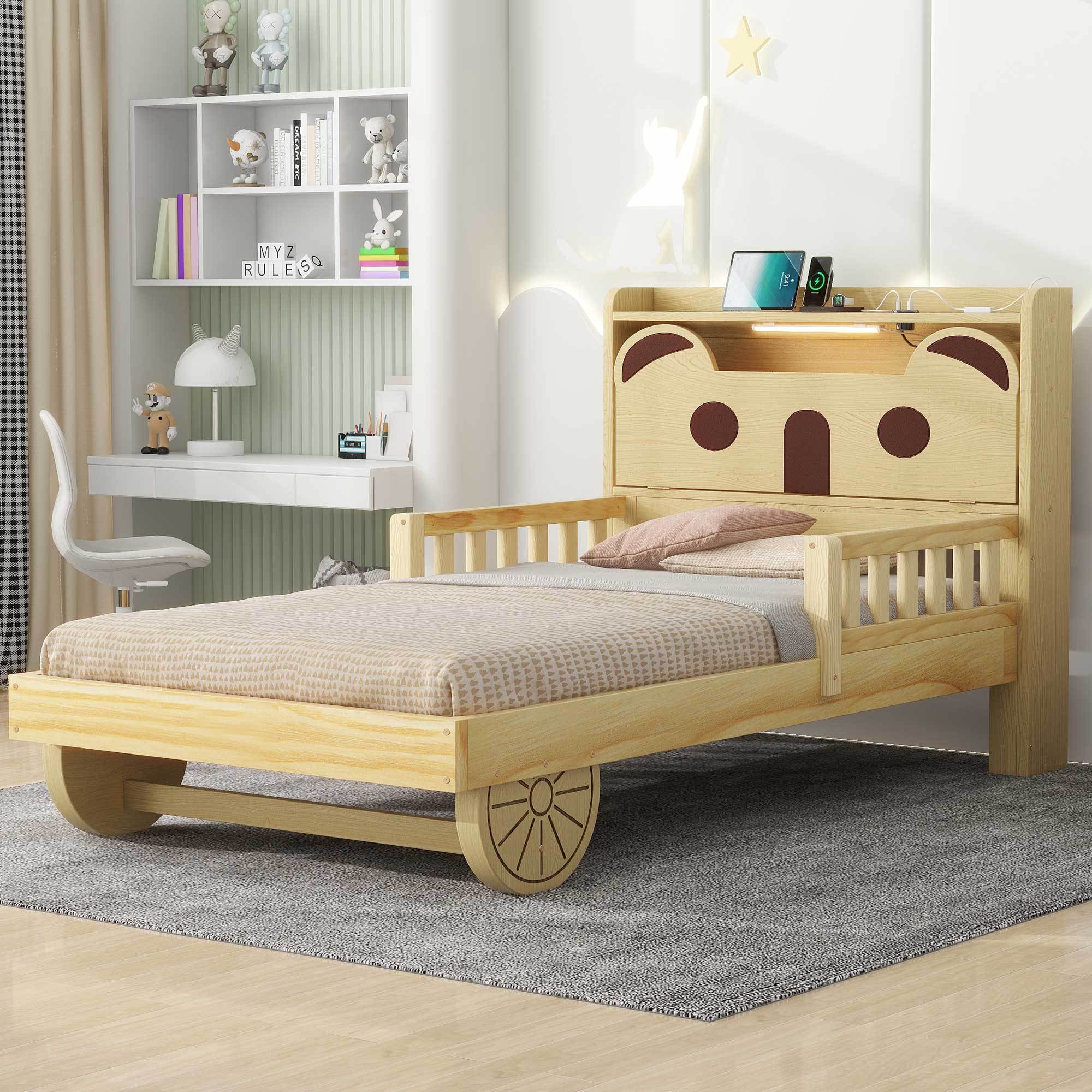 Twin Size Car Bed with Bear-Shaped Headboard, USB and LED, Natural - Atlantic Fine Furniture Melbourne FL