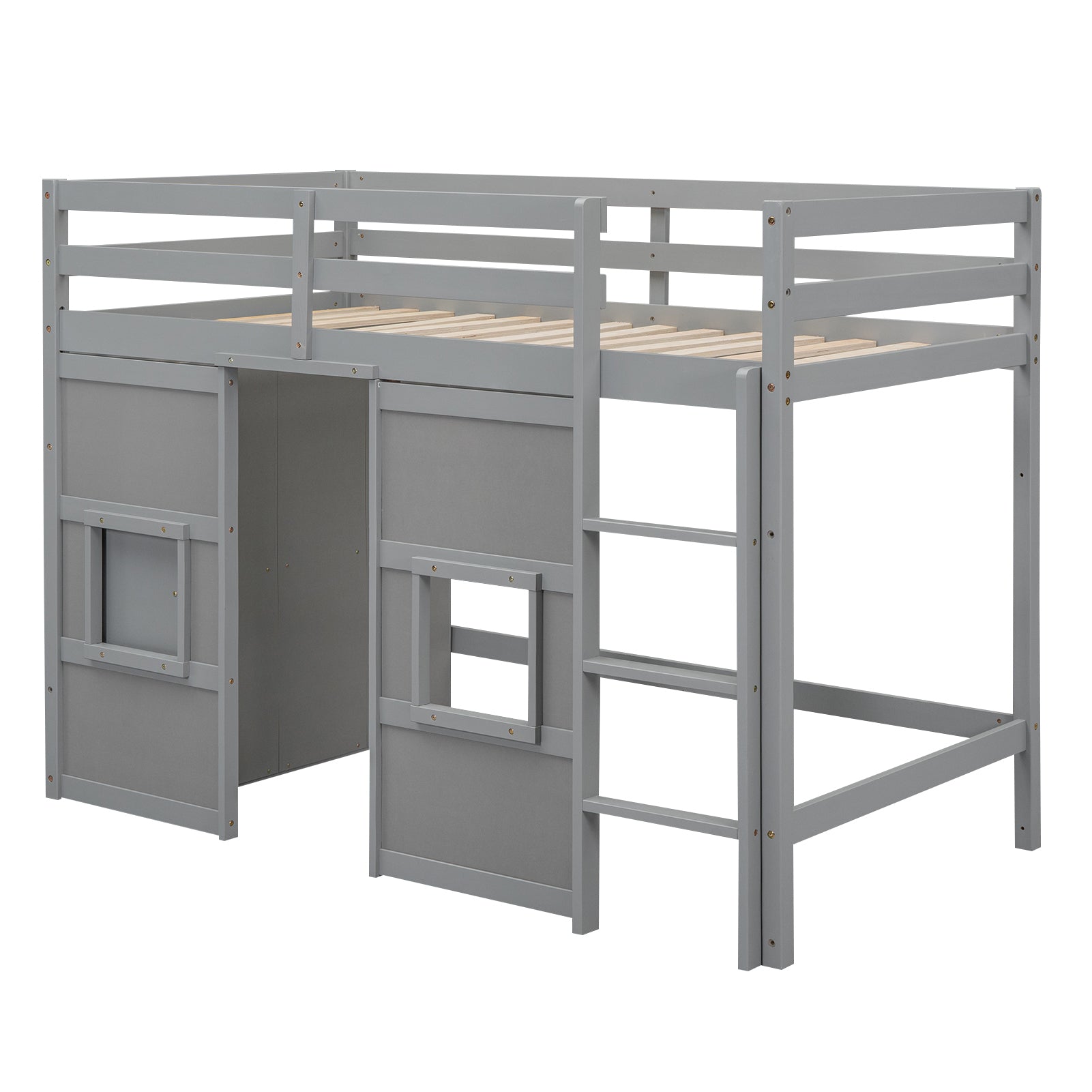 Wood Twin Size Loft Bed with Built-in Storage Wardrobe and 2 Windows, Gray - Atlantic Fine Furniture Melbourne FL