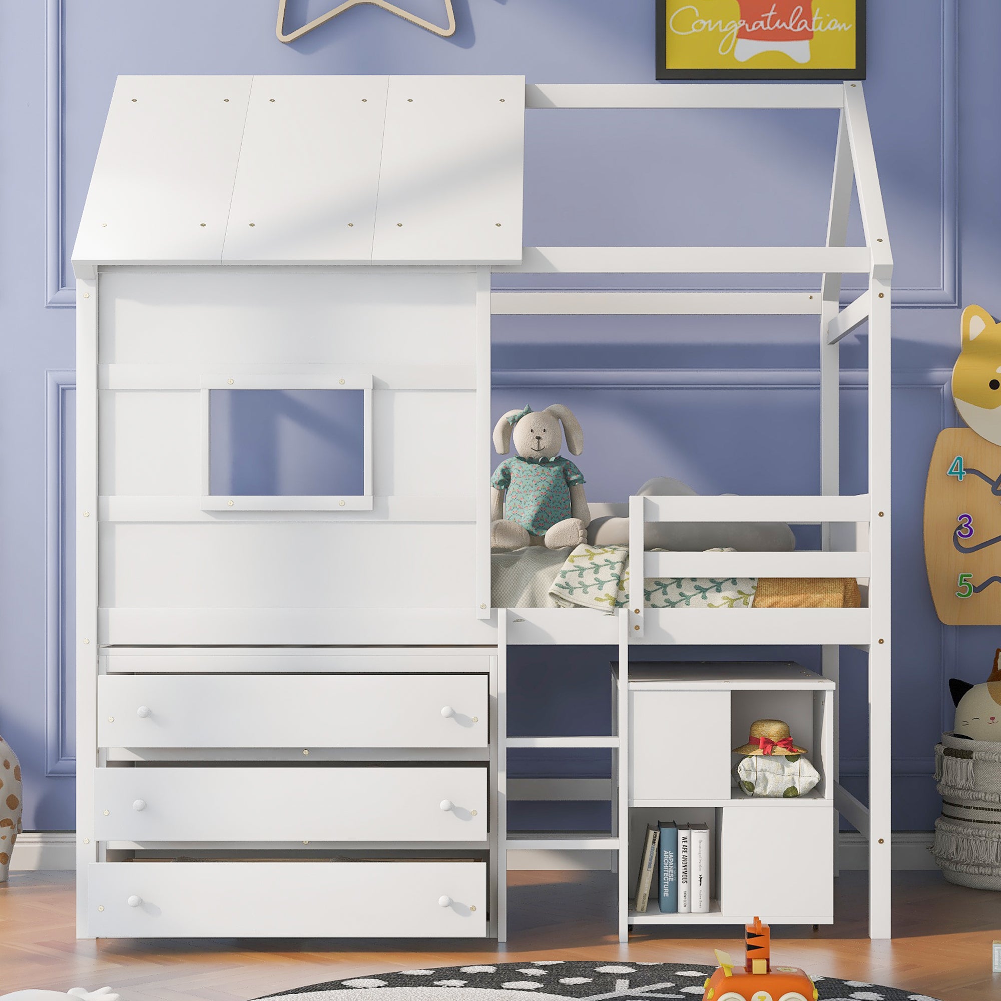 Twin Size House Loft Bed with Storage Desk and 3 Drawer Chest, White - Atlantic Fine Furniture Melbourne FL