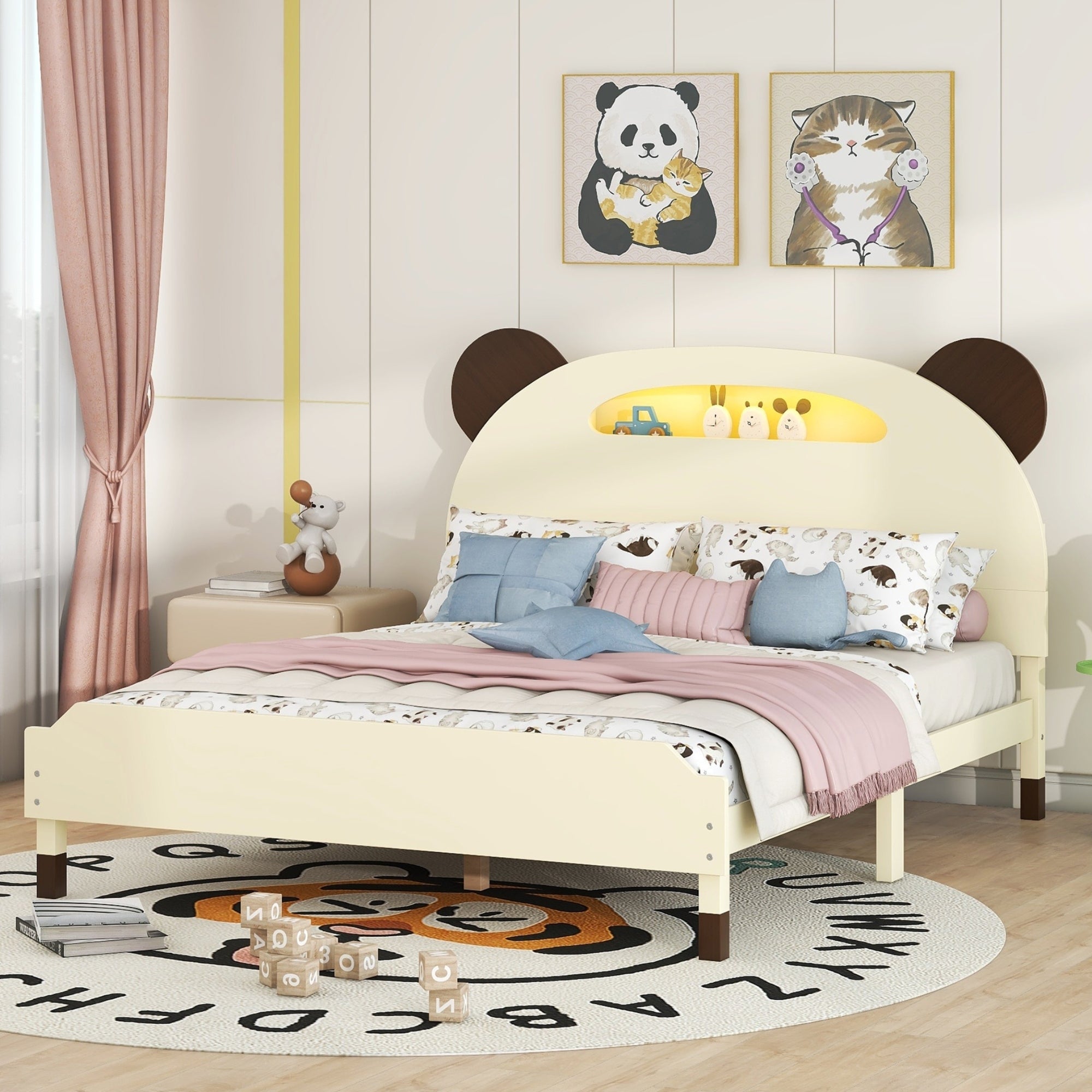 Full Size Wood Platform Bed with Bear-shaped Headboard,Bed with Motion Activated Night Lights,Cream+Walnut - Atlantic Fine Furniture Melbourne FL