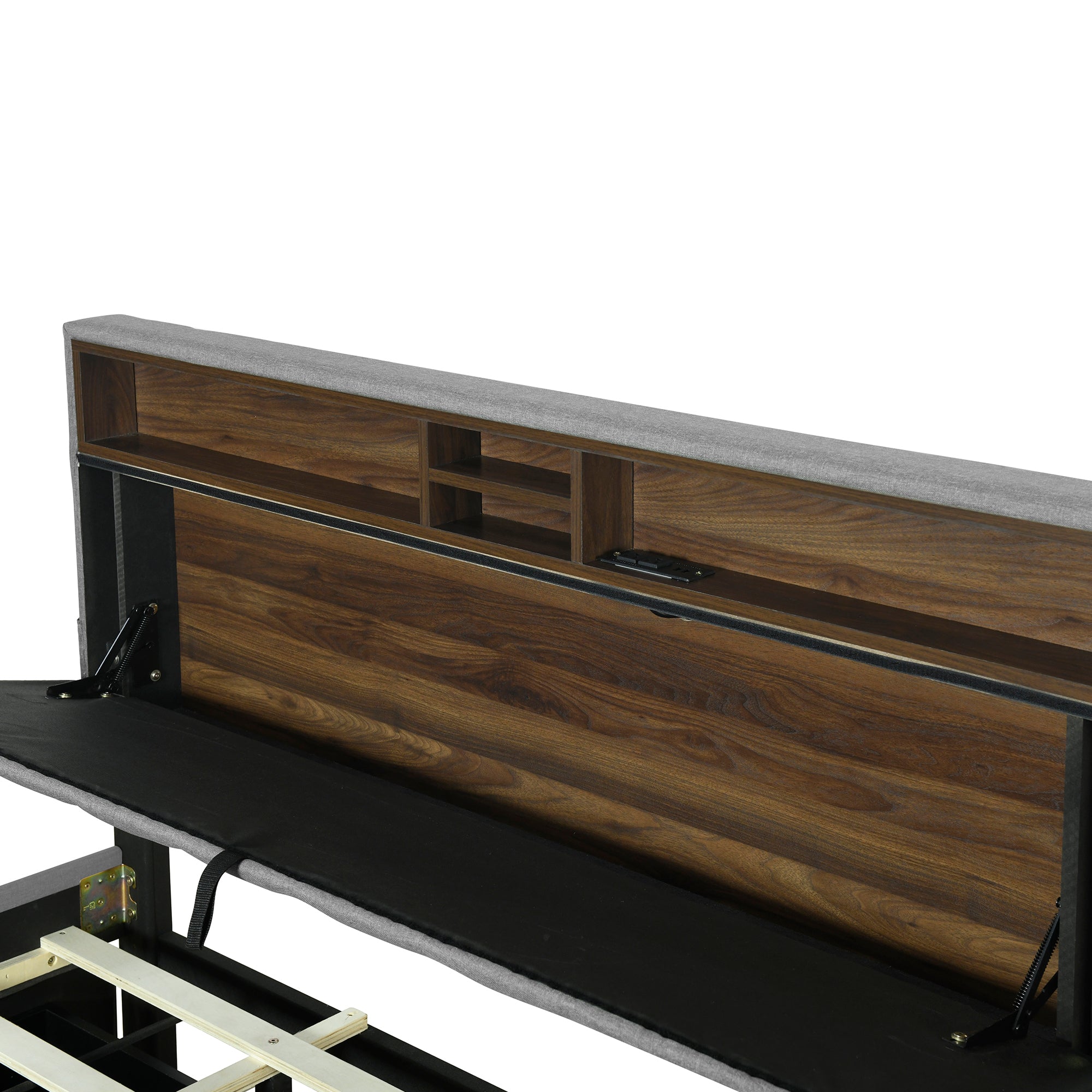 Queen size Upholstered Platform Bed with Storage Headboard, Twin XL Size Trundle & 2 drawers and a set of Sockets & USB Ports, Linen Fabric, Gray - Atlantic Fine Furniture Melbourne FL