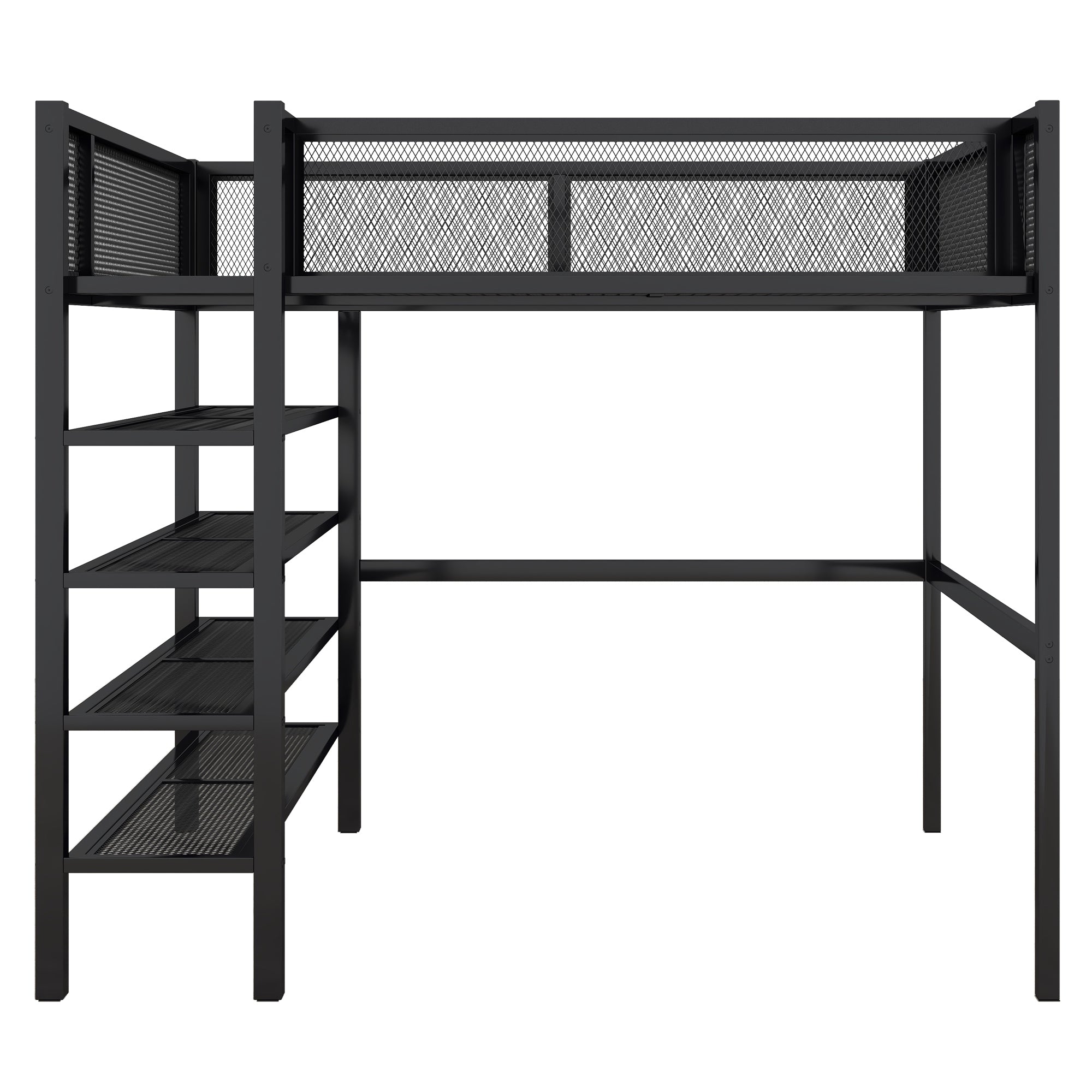 Full Size Metal Loft Bed with 4-Tier Shelves and Storage, Black - Atlantic Fine Furniture Melbourne FL