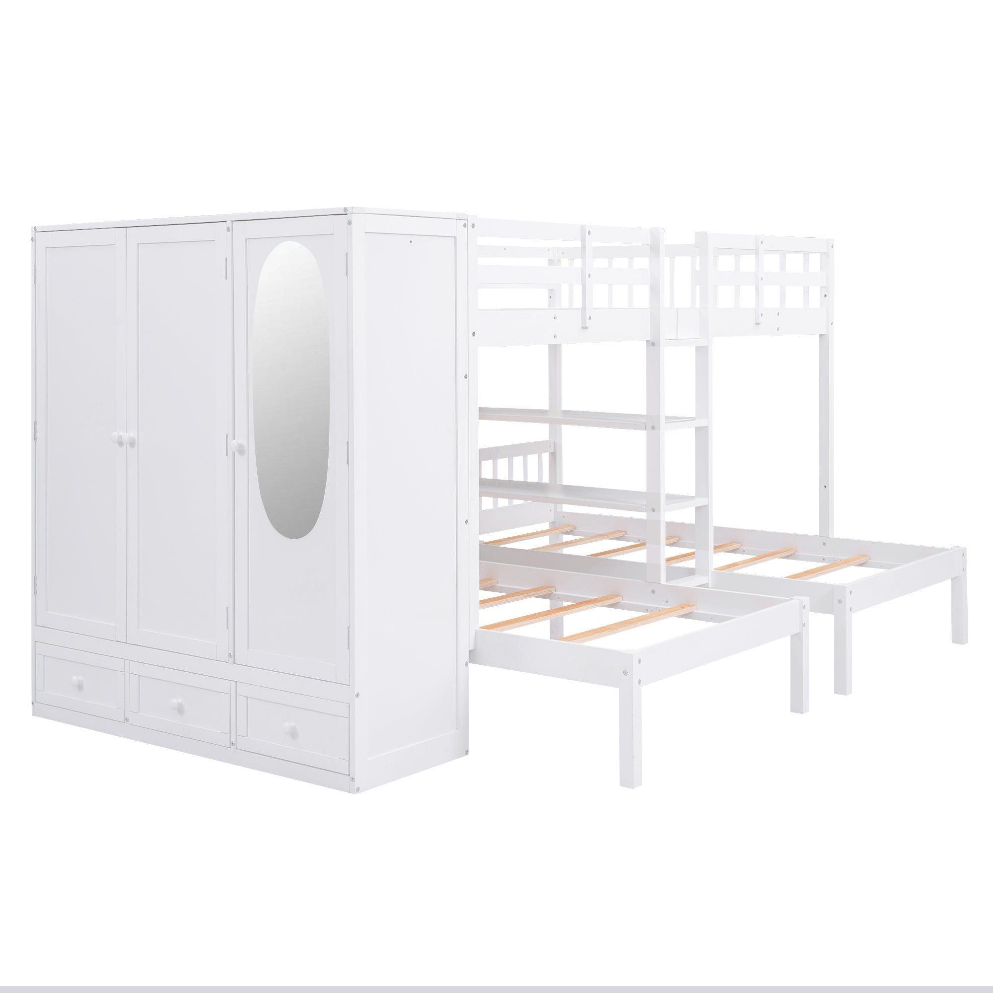 Full-Over-Twin-Twin Bunk Bed with Shelves, Wardrobe and Mirror, White - Atlantic Fine Furniture Melbourne FL
