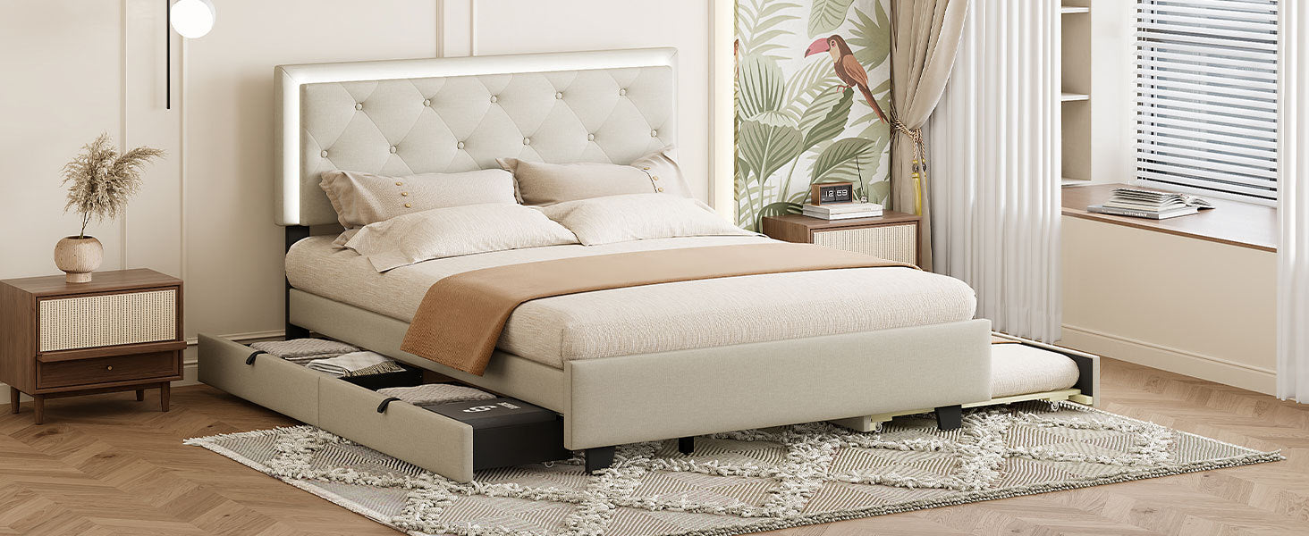 Queen Size Velvet Storage Platform Bed, with 2 Big Drawers, Twin XL Size Trundle and LED Light, Beige - Atlantic Fine Furniture Melbourne FL