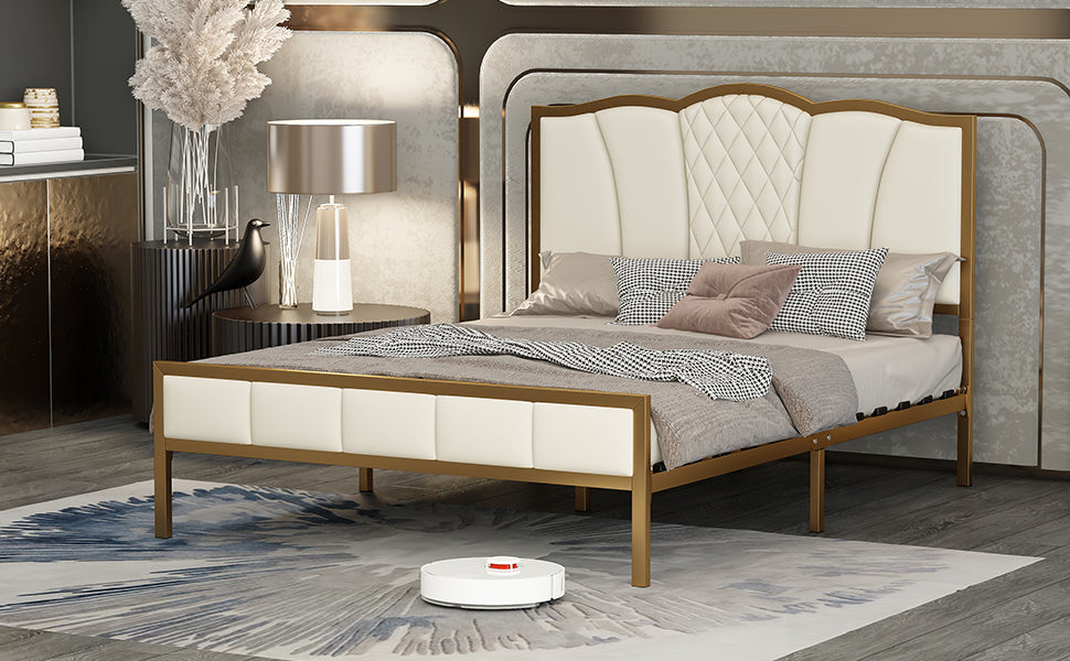 Full Size Bed Frame, Modern Upholstered Bed Frame with Tufted Headboard, Golden Metal Platform Bed Frame with Wood Slat Support, Noise Free, No Box Spring Needed,Beige