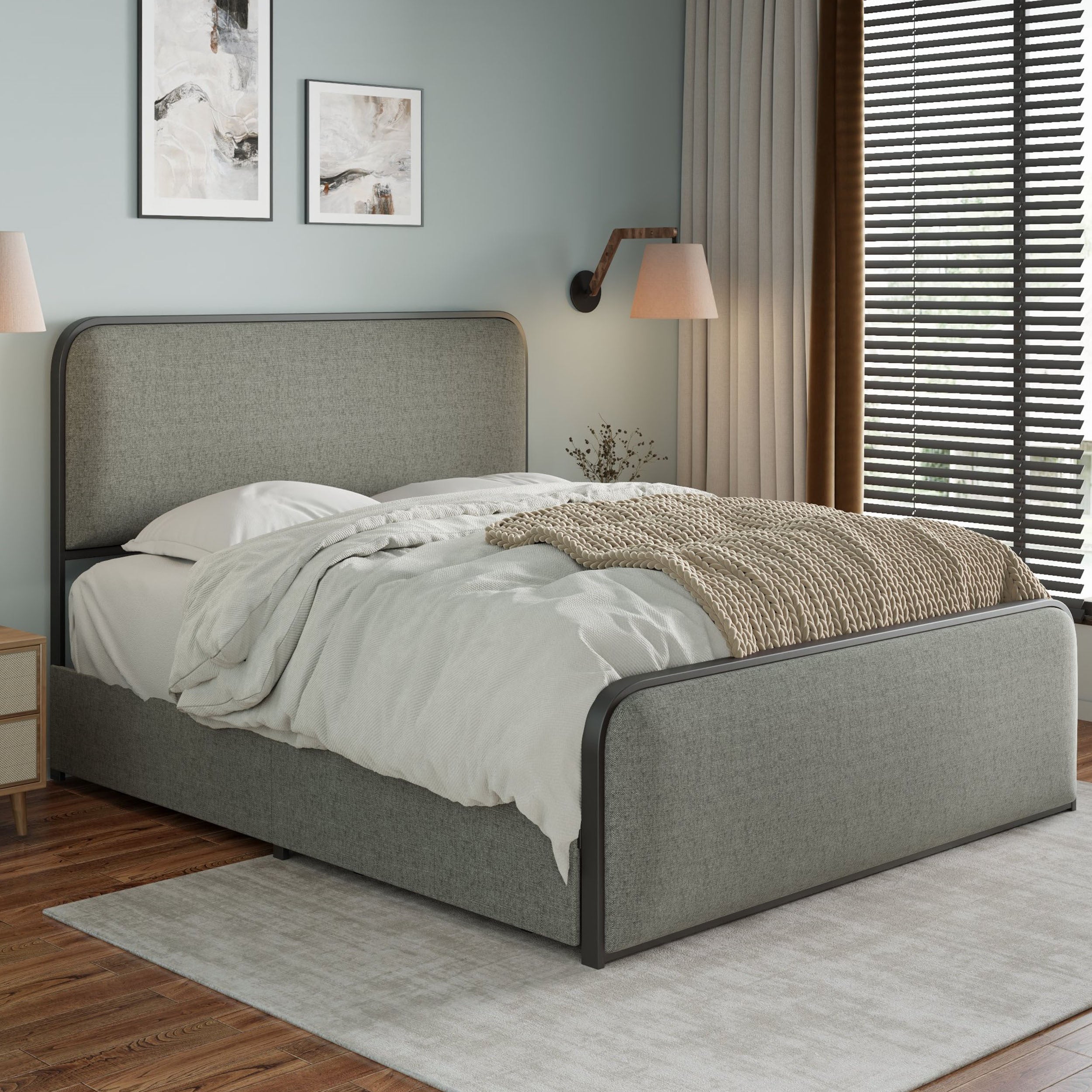 Modern Metal Bed Frame with Curved Upholstered Headboard and Footboard Bed with 4 Storage Drawers, Heavy Duty Metal Slats, King Size, Grey - Atlantic Fine Furniture Melbourne FL