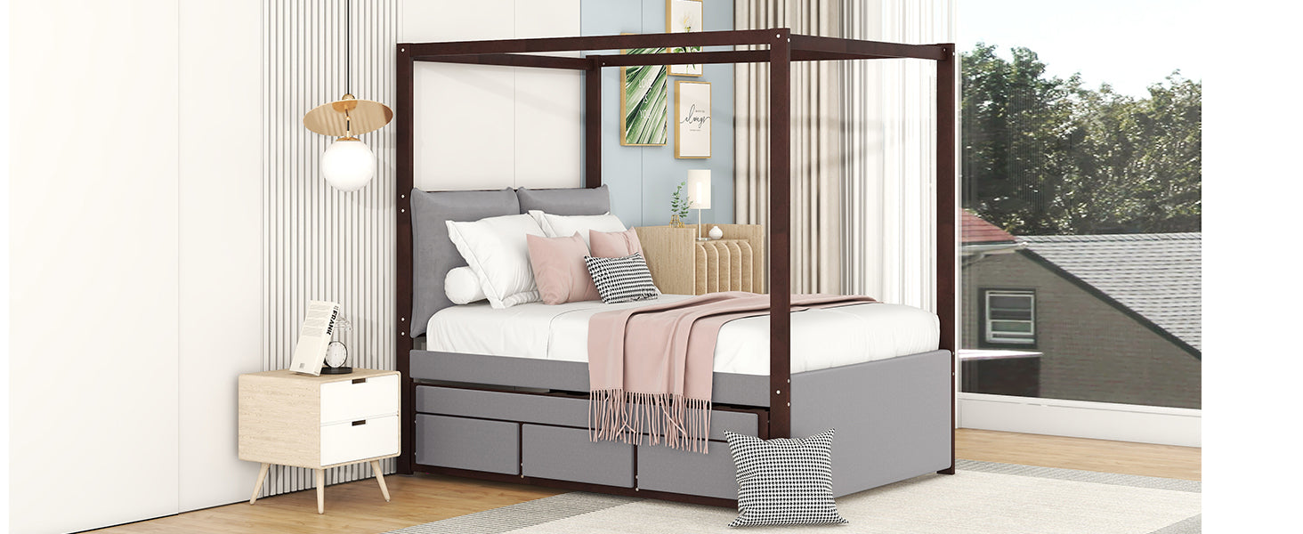 Full Size Upholstered Canopy Bed with Trundle and 3 Drawers, Gray - Atlantic Fine Furniture Melbourne FL