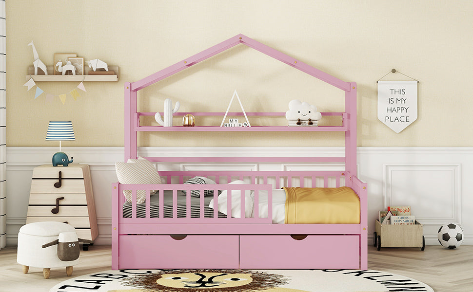 Wooden Full Size House Bed with 2 Drawers,Kids Bed with Storage Shelf, Pink - Atlantic Fine Furniture Melbourne FL