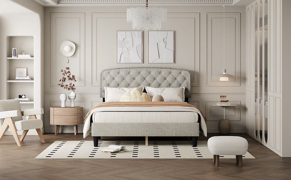 Queen size Adjustable Headboard with Fine Linen Upholstery and Button Tufting for Bedroom, Wave Top cream White