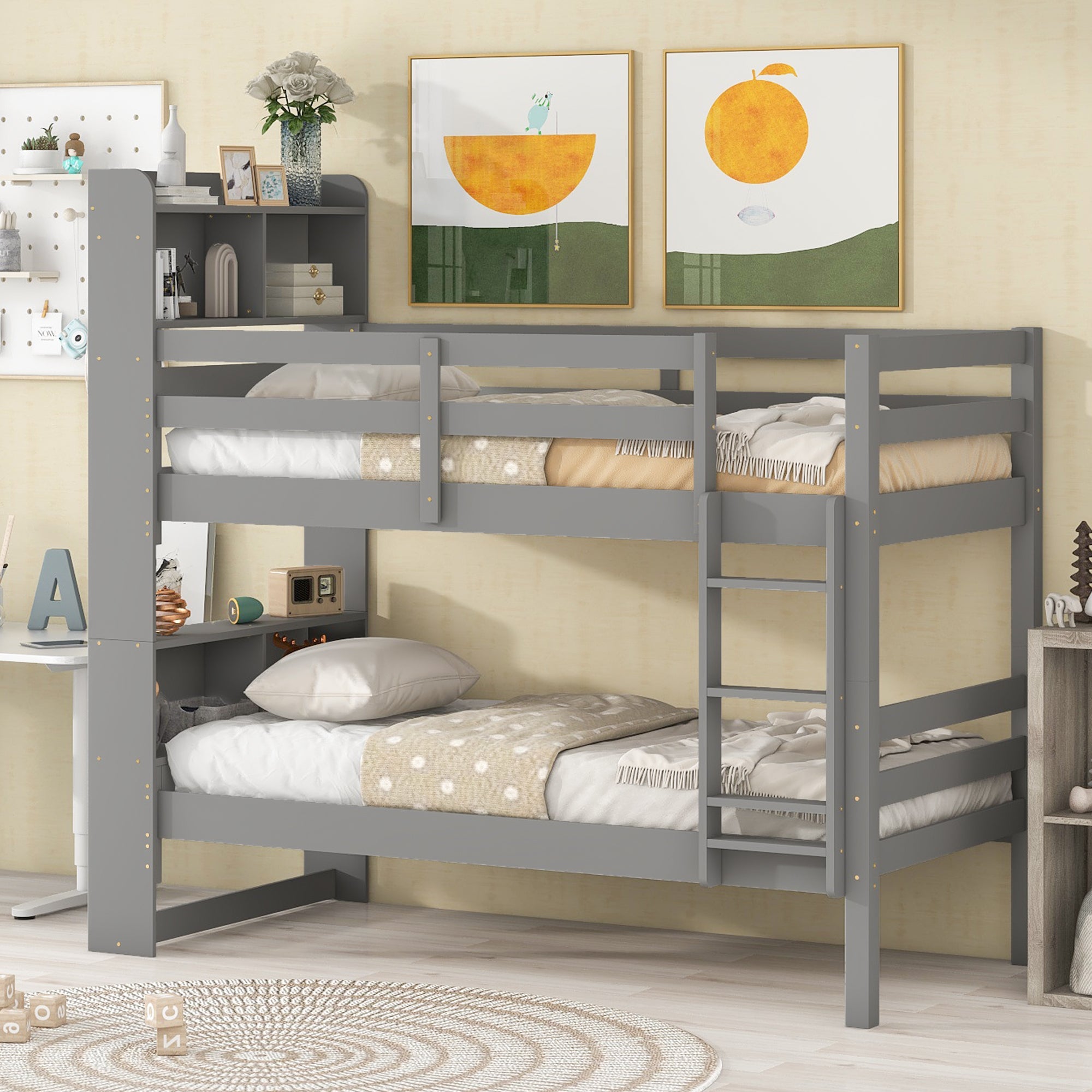 Twin Over Twin Bunk Beds with Bookcase Headboard, Solid Wood Bed Frame with Safety Rail and Ladder, Kids/Teens Bedroom, Guest Room Furniture, Can Be converted into 2 Beds, Grey