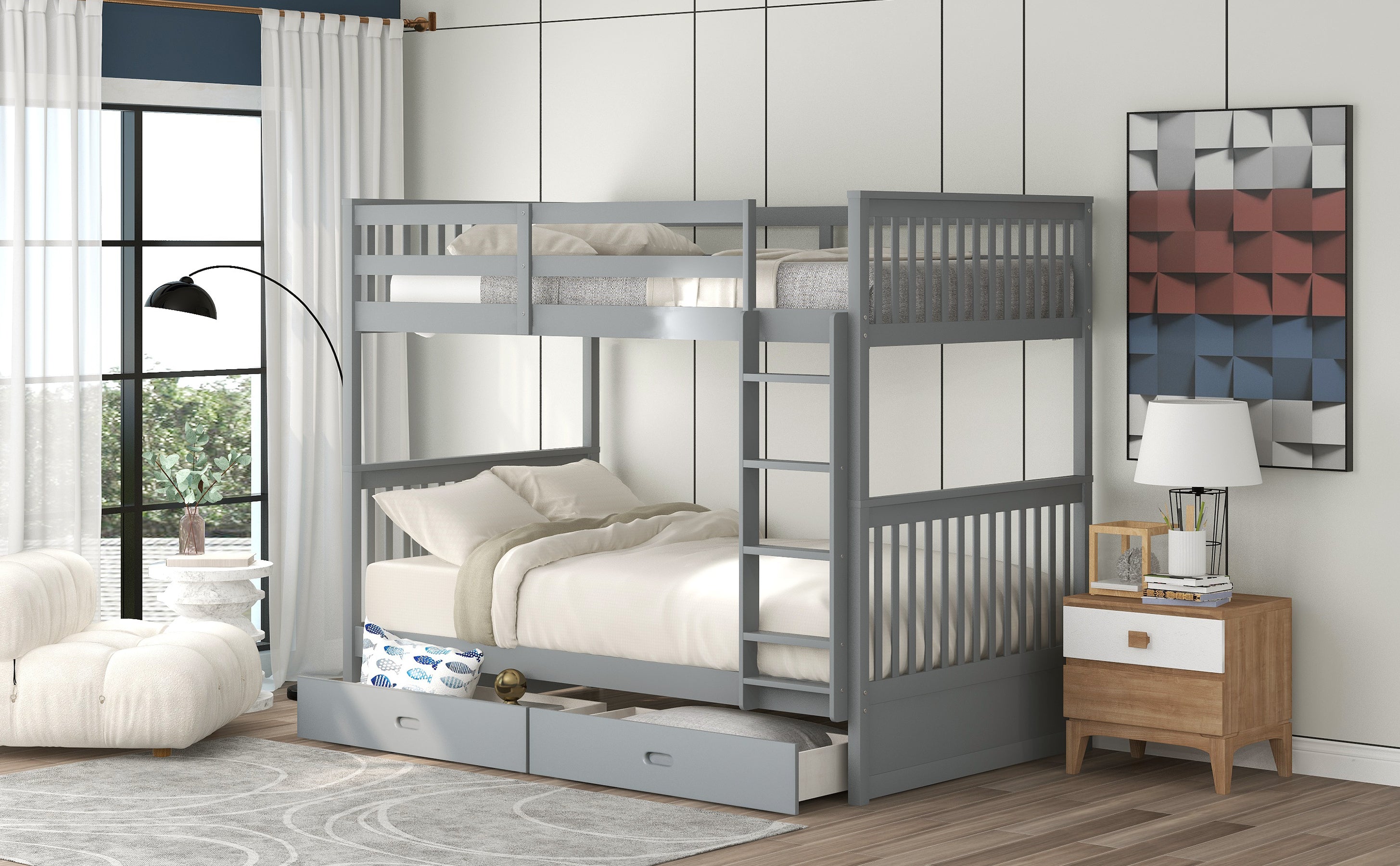 Twin-Over-Twin Bunk Bed with Ladders and Two Storage Drawers (Gray)(LT000265AAE) - Atlantic Fine Furniture Melbourne FL