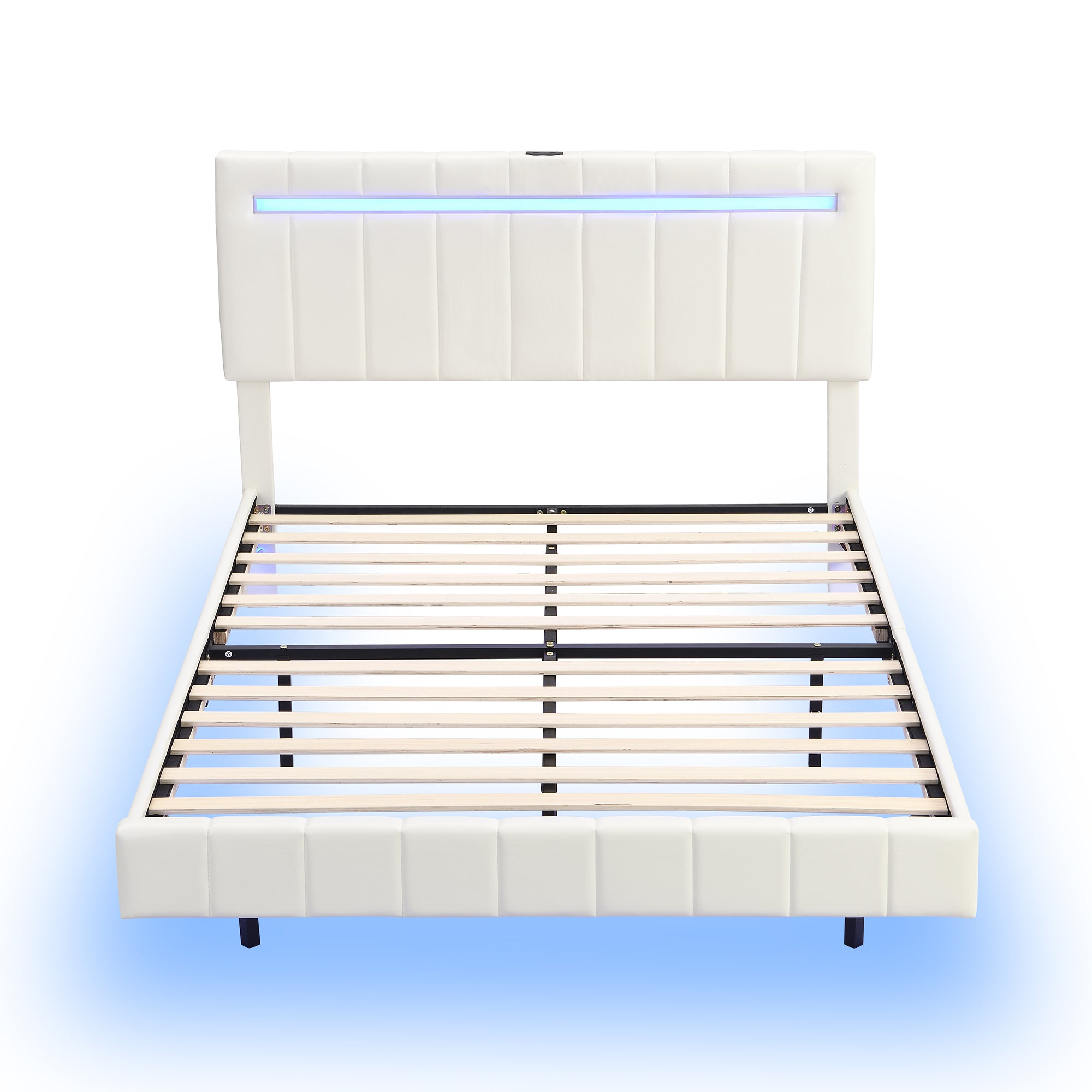 Queen Size Floating Bed Frame with LED Lights and USB Charging,Modern Upholstered Platform LED Bed Frame, White