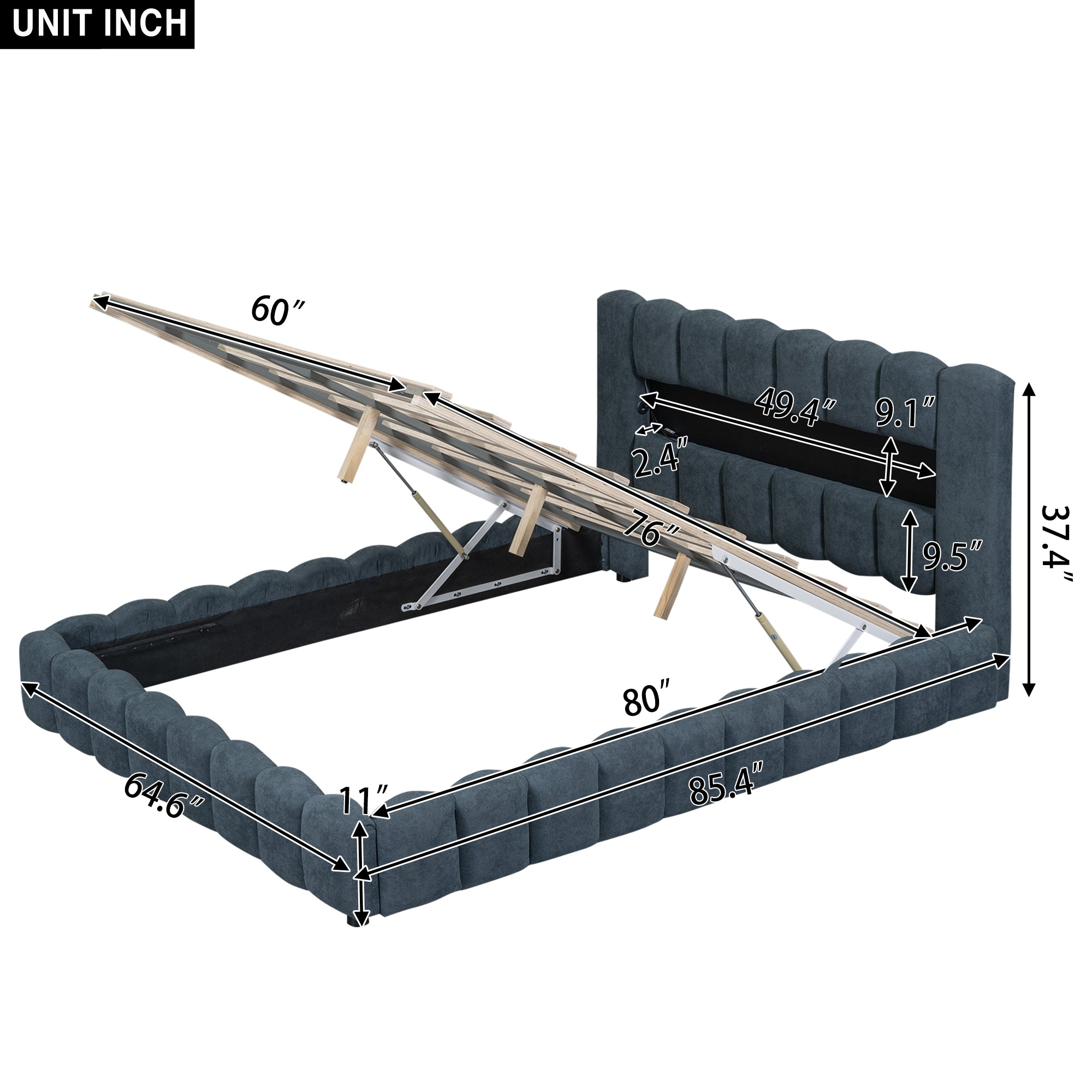Queen Size Upholstered Platform Bed with LED Headboard and USB, Deep Blue - Atlantic Fine Furniture Melbourne FL