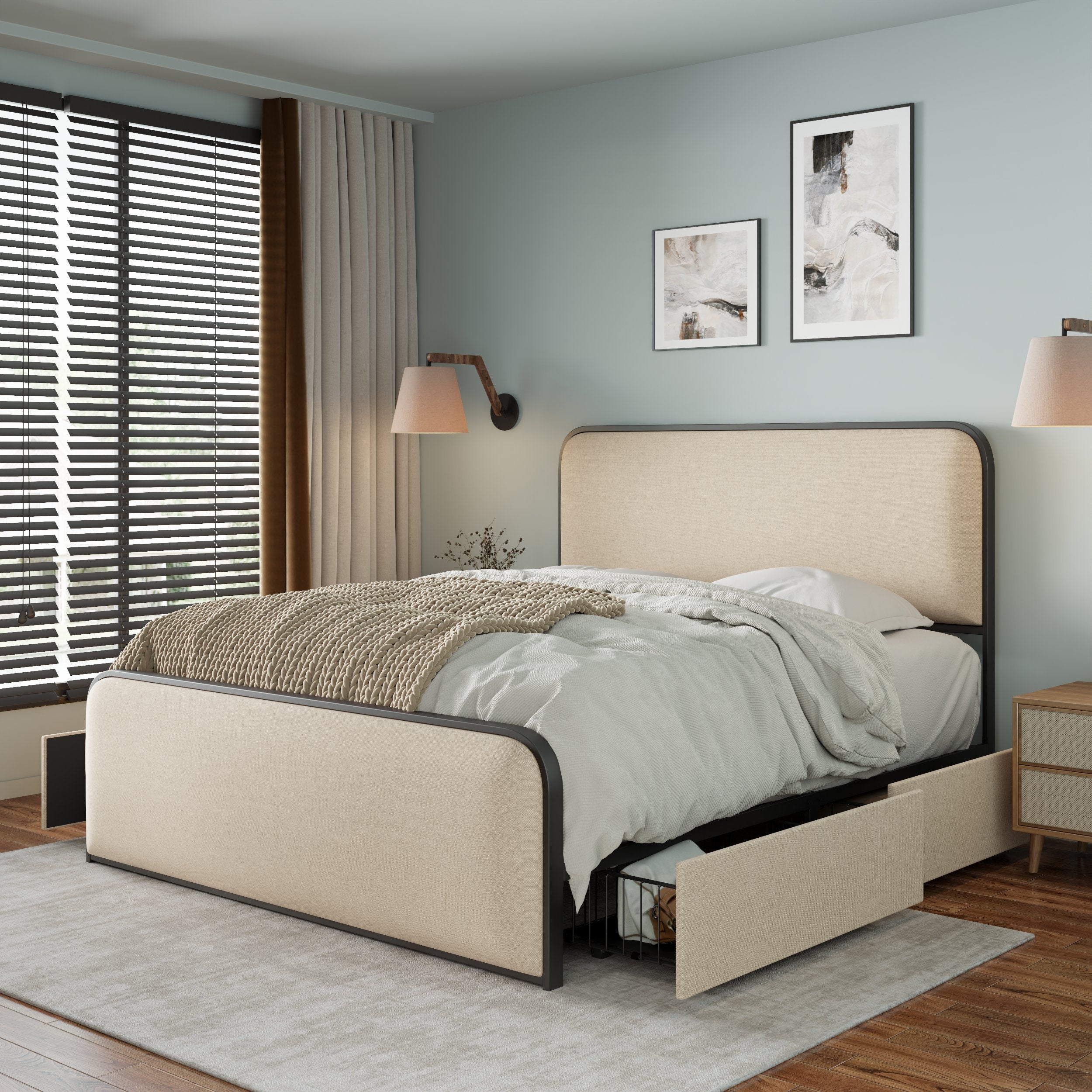 Modern Metal Bed Frame with Curved Upholstered Headboard and Footboard Bed with 4 Storage Drawers, Heavy Duty Metal Slats, King Size, Beige - Atlantic Fine Furniture Melbourne FL