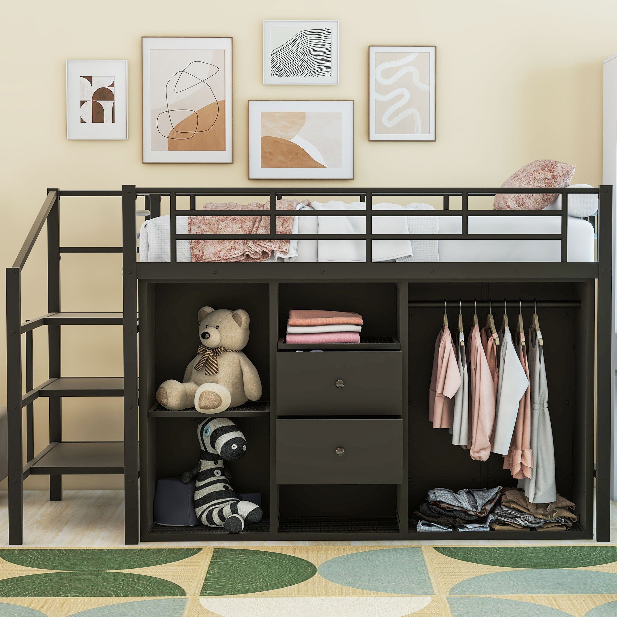 Twin Size Metal Loft Bed with Drawers, Storage Staircase and Small Wardrobe - Atlantic Fine Furniture Melbourne FL